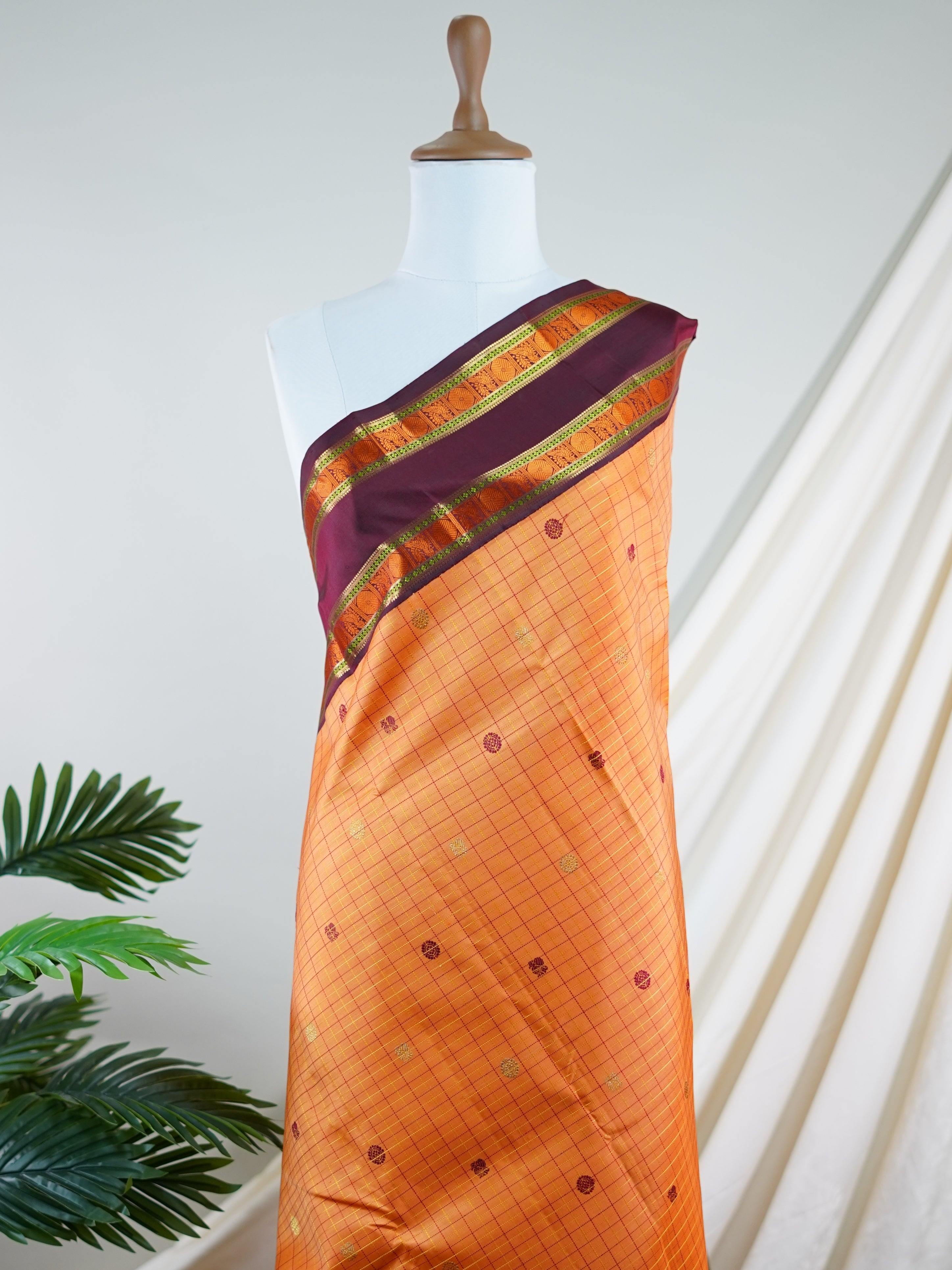 Kanchipuram Silk Orange 100% Pure Silk - Manoranjitham Weaves - Handloom Store