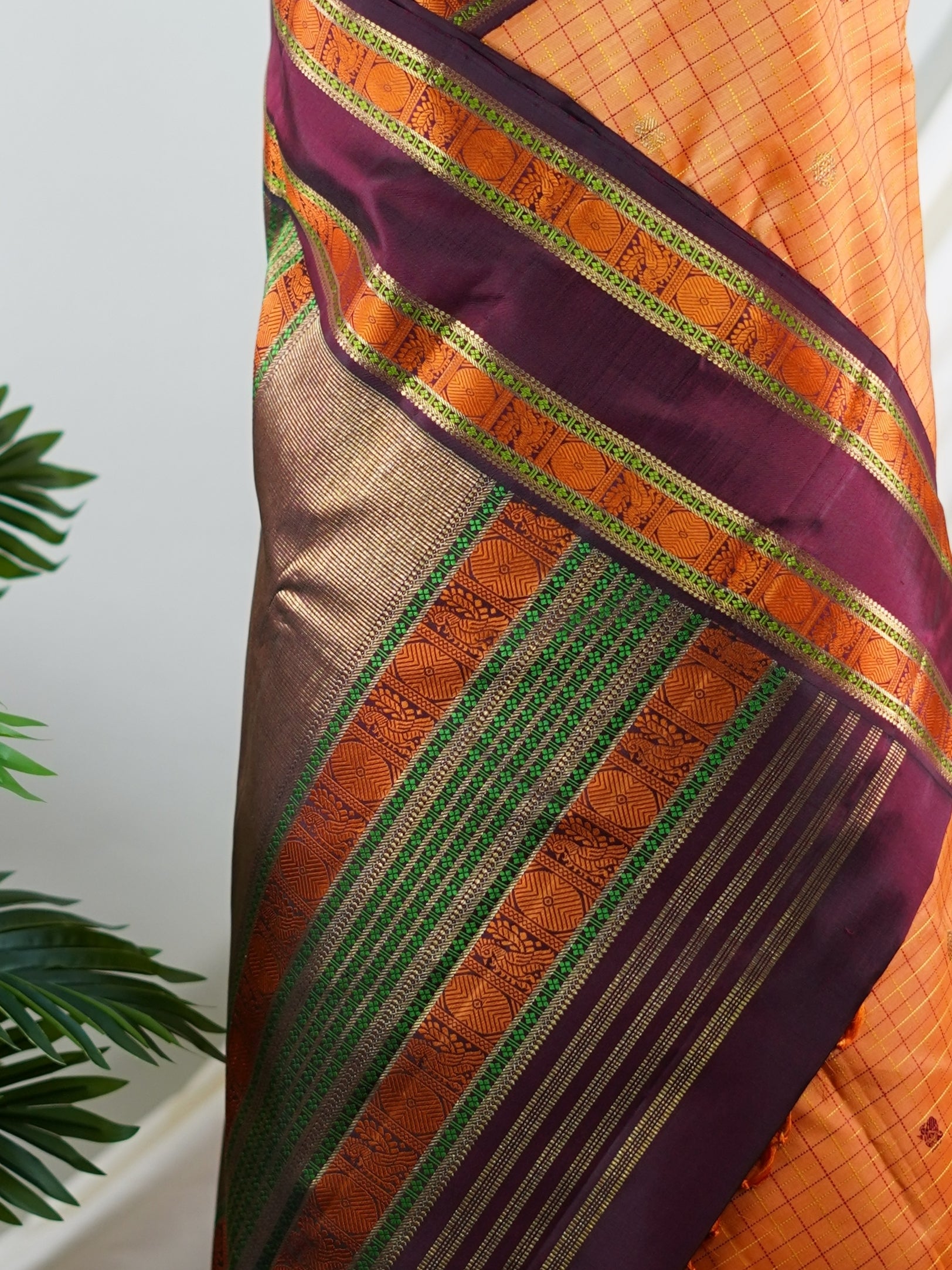 Kanchipuram Silk Orange 100% Pure Silk - Manoranjitham Weaves - Handloom Store