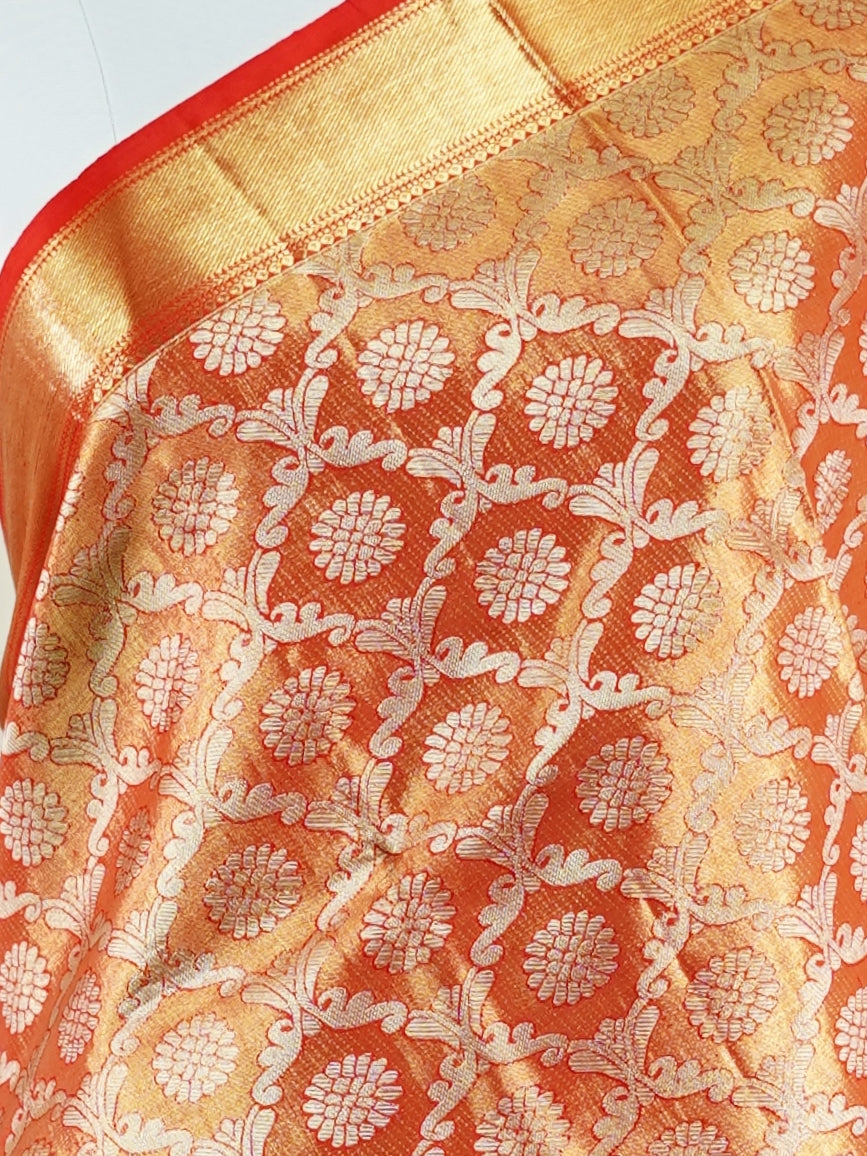 Kanchipuram Silk Peach Red 100% Pure Silk - Manoranjitham Weaves - Handloom Store