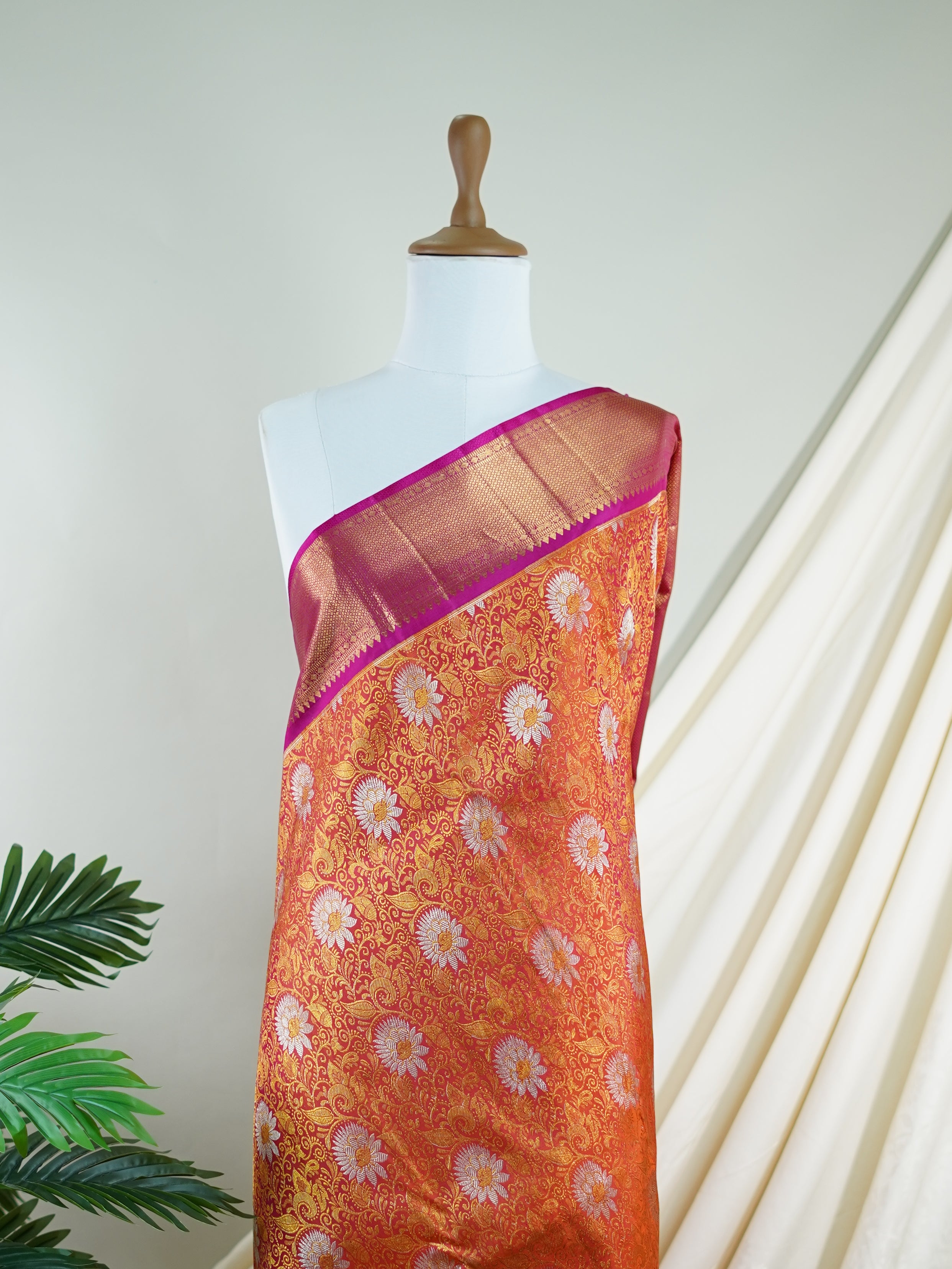 Kanchipuram Silk Orange 100% Pure Silk - Manoranjitham Weaves - Handloom Store