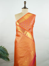 Kanchipuram Silk Handwoven by skilled artisans of Maharashtra, this 100% Pure Silk saree in Dark Orange blends traditional elegance with intricate Pure Zari zari work. A truly stunning drape for special occasions. The interplay of colors and craftsmanship makes it a treasured piece for every saree connoisseur. Darbari - Manoranjitham Weaves - Handloom Store