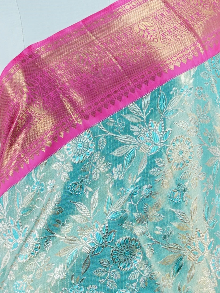 Kanchipuram Silk Turquoise 100% Pure Silk - Manoranjitham Weaves - Handloom Store