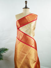 Kanchipuram Silk Handwoven by skilled artisans of Maharashtra, this 100% Pure Silk saree in Mustard Yellow blends traditional elegance with intricate Pure Zari zari work. A truly stunning drape for special occasions. The interplay of colors and craftsmanship makes it a treasured piece for every saree connoisseur. Gaud - Manoranjitham Weaves - Handloom Store