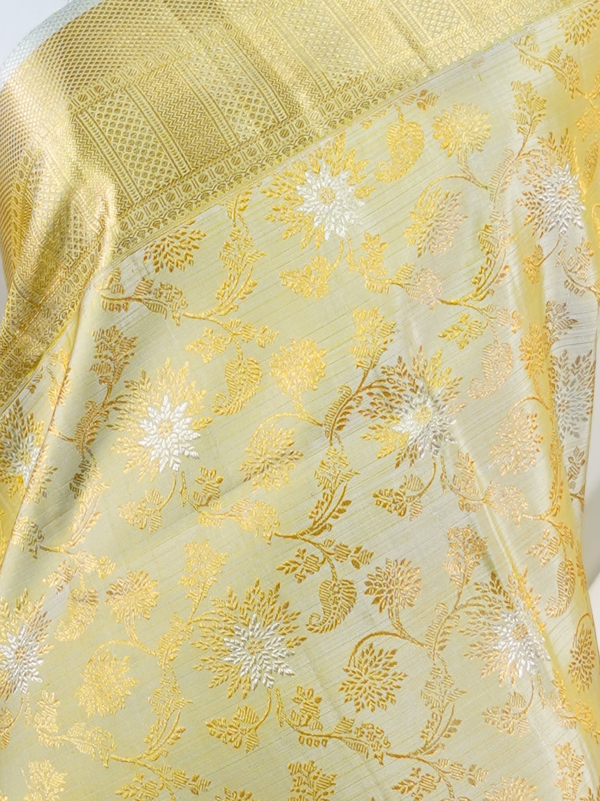 Kanchipuram Silk Light Yellow 100% Pure Silk - Manoranjitham Weaves - Handloom Store