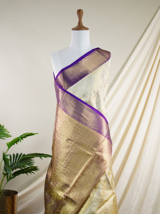 Kanchipuram Silk Cream 100% Pure Silk - Manoranjitham Weaves - Handloom Store