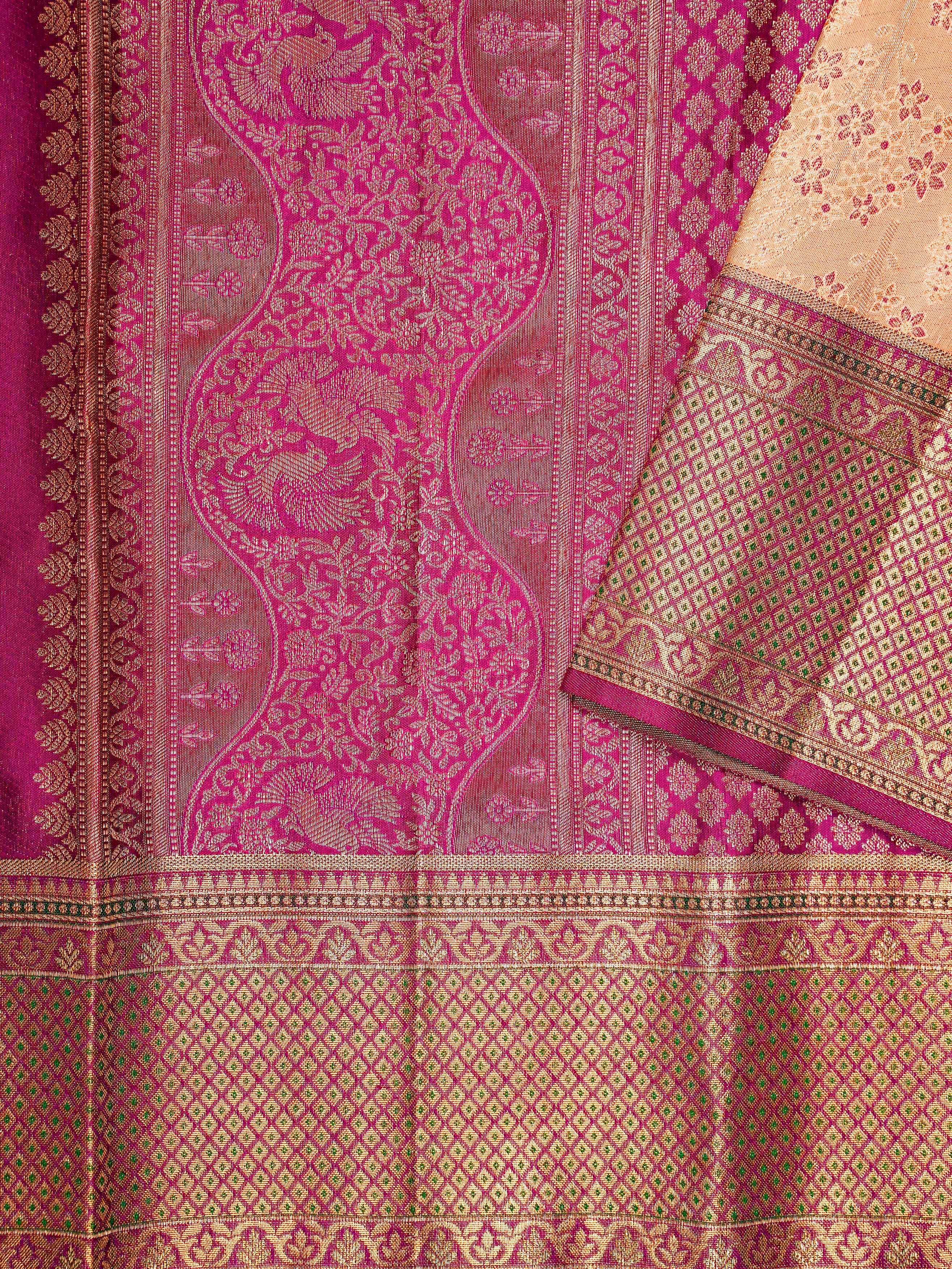 Kanchipuram Silk Peach 100% Pure Silk - Manoranjitham Weaves - Handloom Store