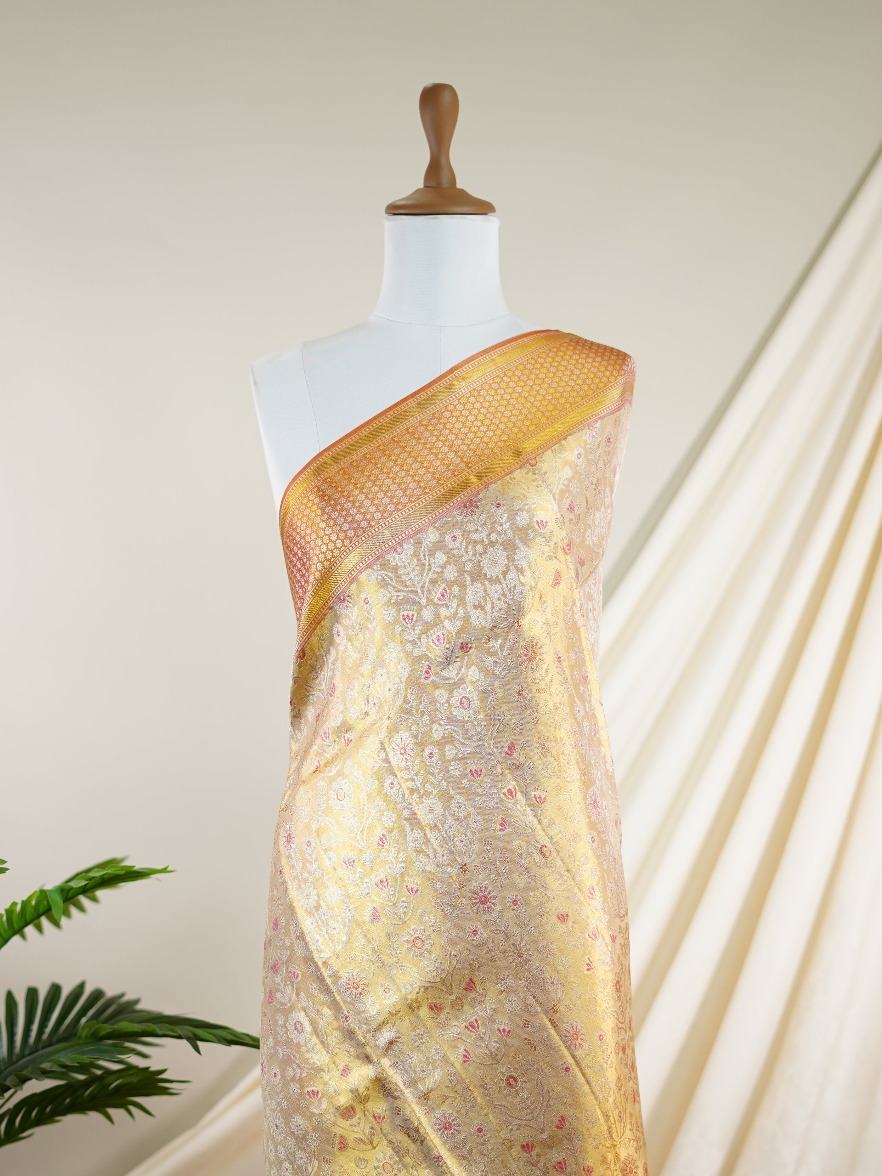 Kanchipuram Silk Golden Cream 100% Pure Silk - Manoranjitham Weaves - Handloom Store