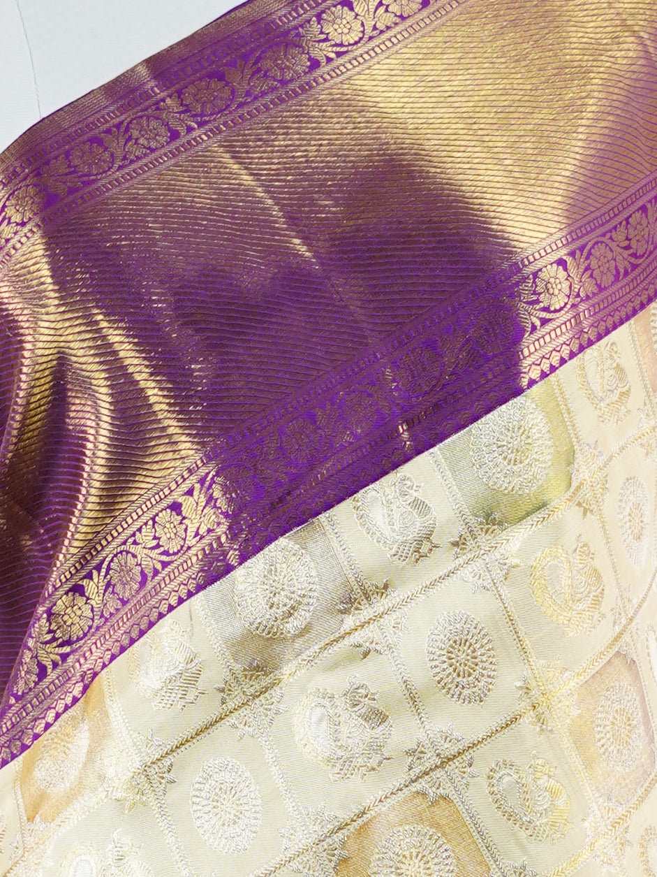 Kanchipuram Silk Cream 100% Pure Silk - Manoranjitham Weaves - Handloom Store