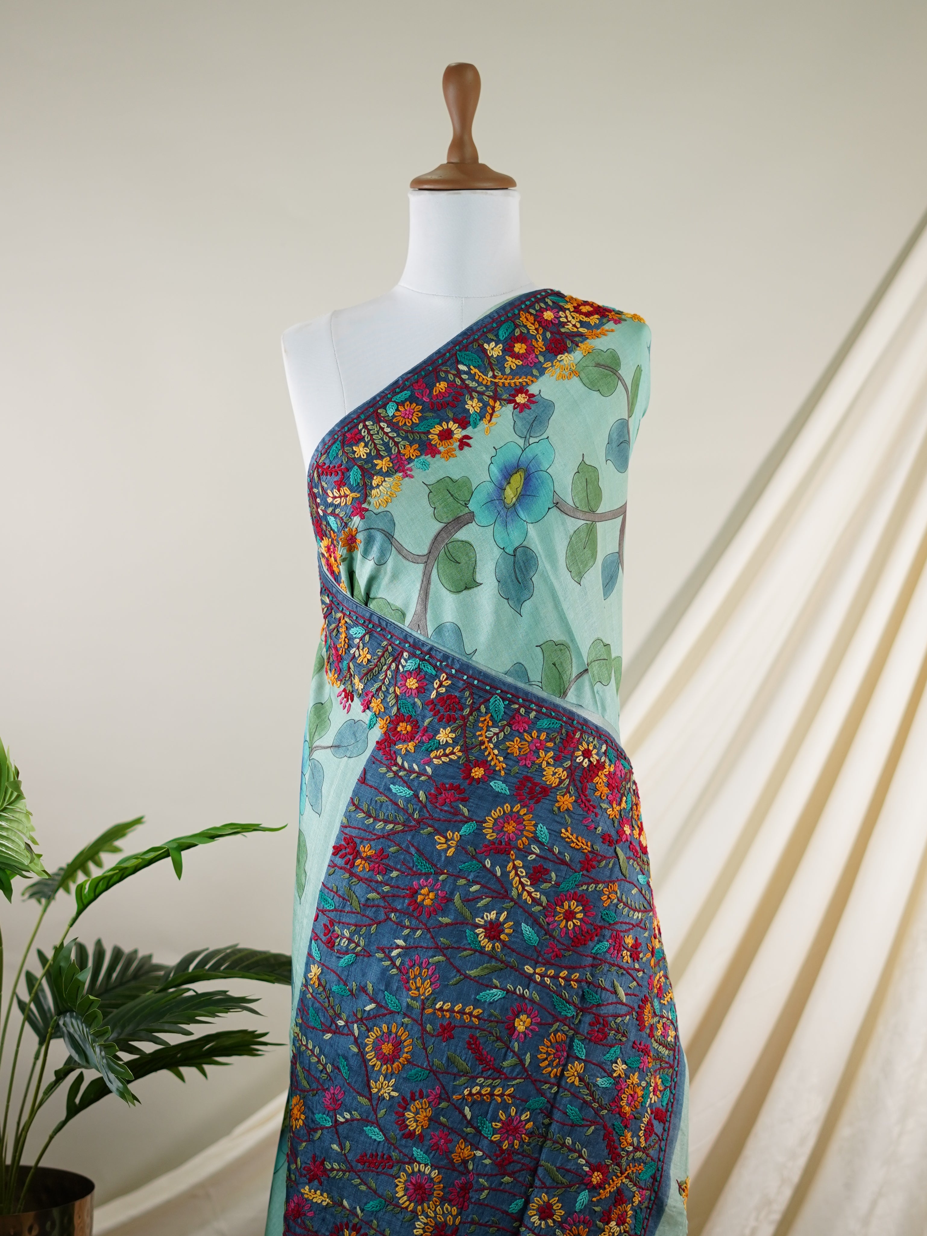 Tussar Blue 100% Pure Tussar - Manoranjitham Weaves - Handloom Store