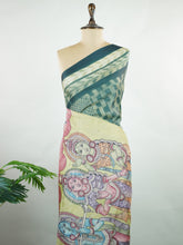 Tussar A Tussar saree with minute hand-done Shibori all over the body, featuring a contrast border and pallu with hand-drawn pen Kalamkari. Elegant, artistic, and truly unique. Tripura - Manoranjitham Weaves - Handloom Store