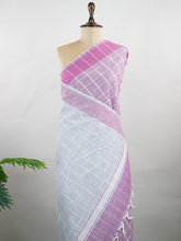Bengal Cottons Pink South Cotton with Ikkat Style Borders & Grey Blouse Anuraga - Manoranjitham Weaves - Handloom Store