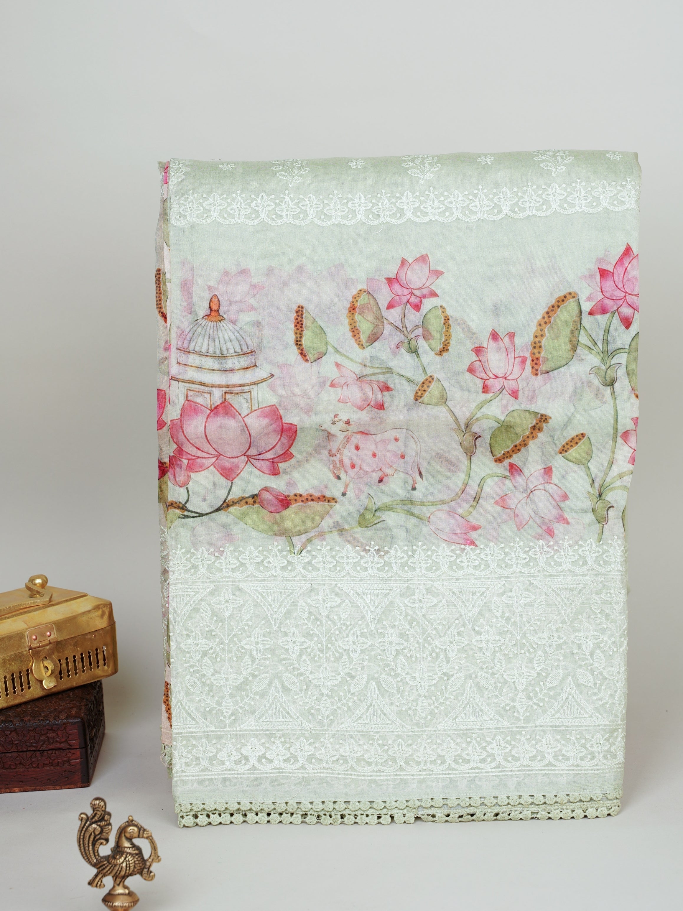 Organza Light Green 100% Pure Organza Silk - Manoranjitham Weaves - Handloom Store