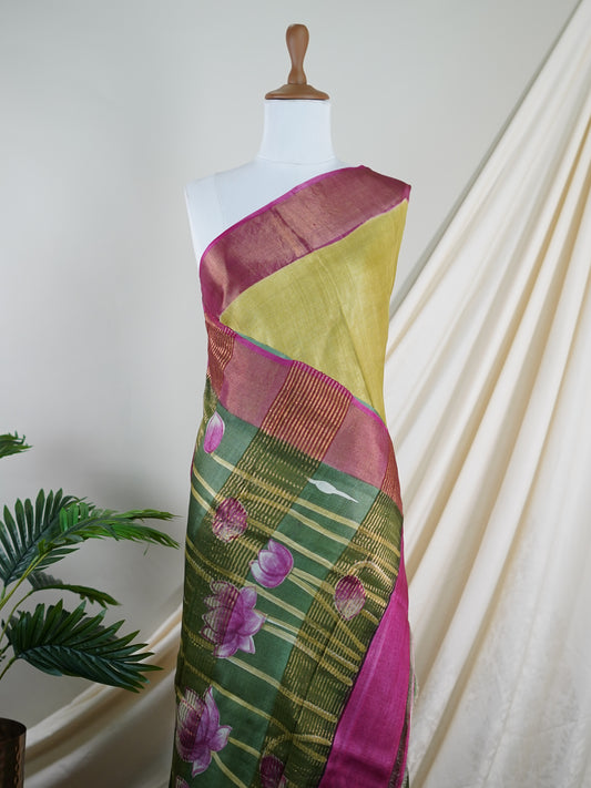 Tussars Green 100% Pure Tussar - Manoranjitham Weaves - Handloom Store