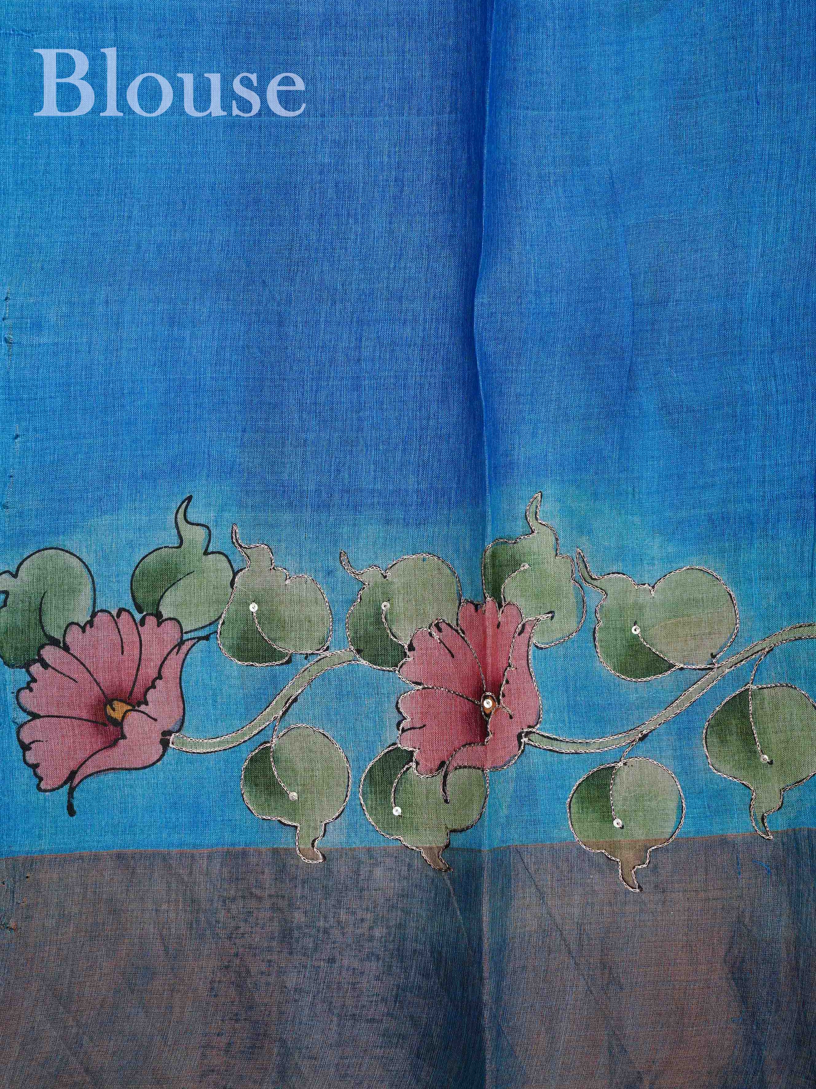 Tussars Blue 100% Pure Tussar - Manoranjitham Weaves - Handloom Store