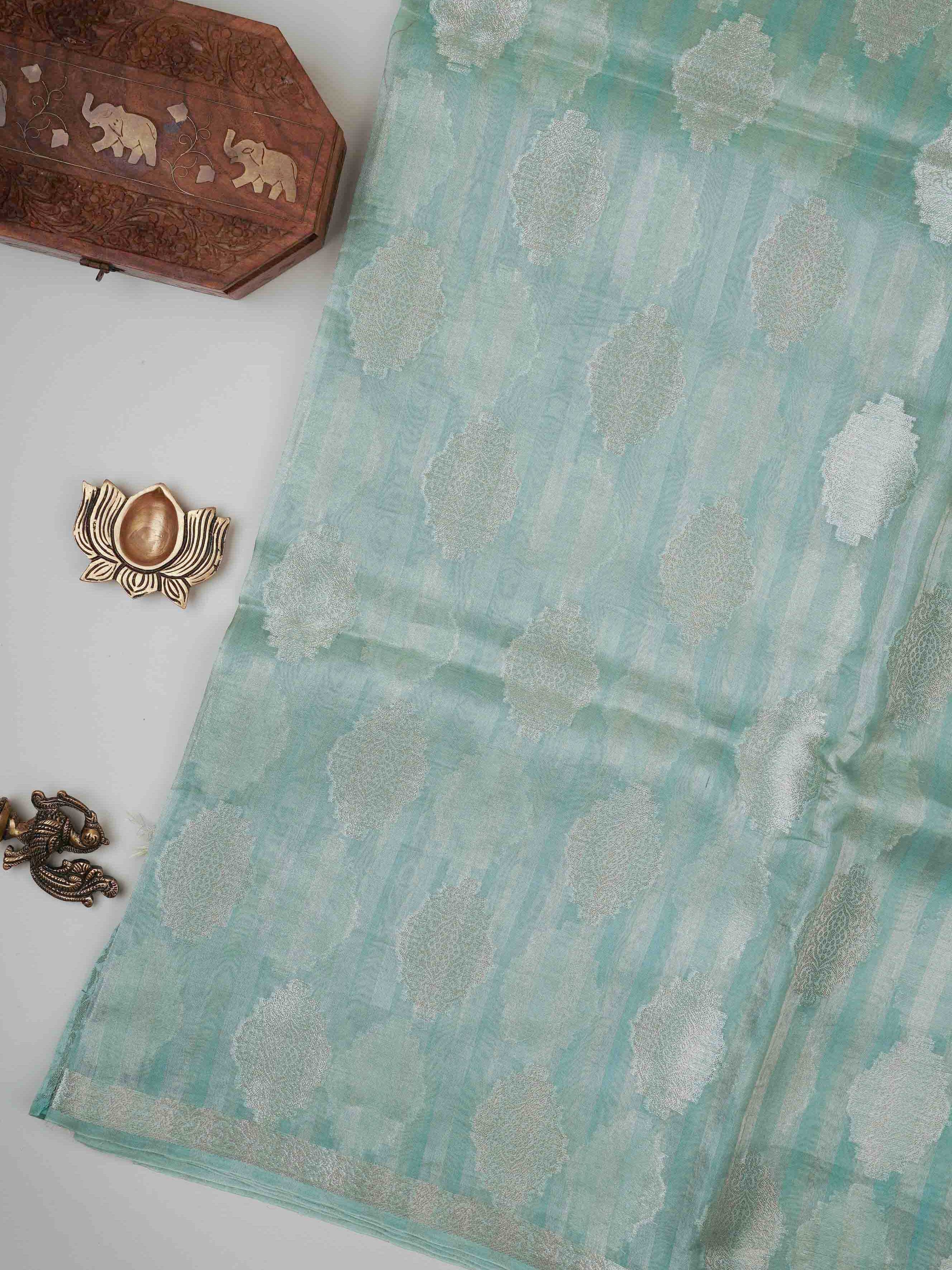 tissue Teal Green 100% Pure Tissue - Manoranjitham Weaves - Handloom Store