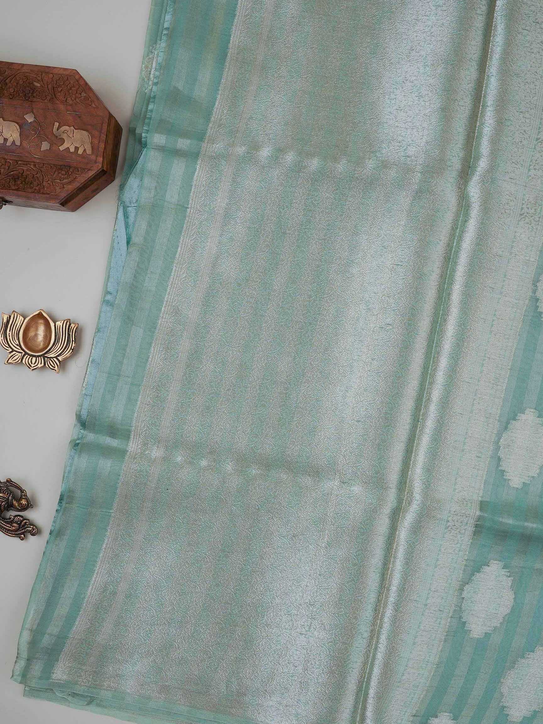 tissue Teal Green 100% Pure Tissue - Manoranjitham Weaves - Handloom Store