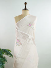 Kora This exquisite Light Orange Kora Tissue saree dazzles with delicate gold floral zari work, weaving elegance into every thread. Crafted on a powerloom in Varanasi, its lightweight texture shimmers beautifully, perfect for festive occasions or celebrations. The fine zari detailing adds a regal touch, blending tradition with contemporary charm. Wrap yourself in this graceful masterpiece and shine with timeless beauty. Mararanjani - Manoranjitham Weaves - Handloom Store