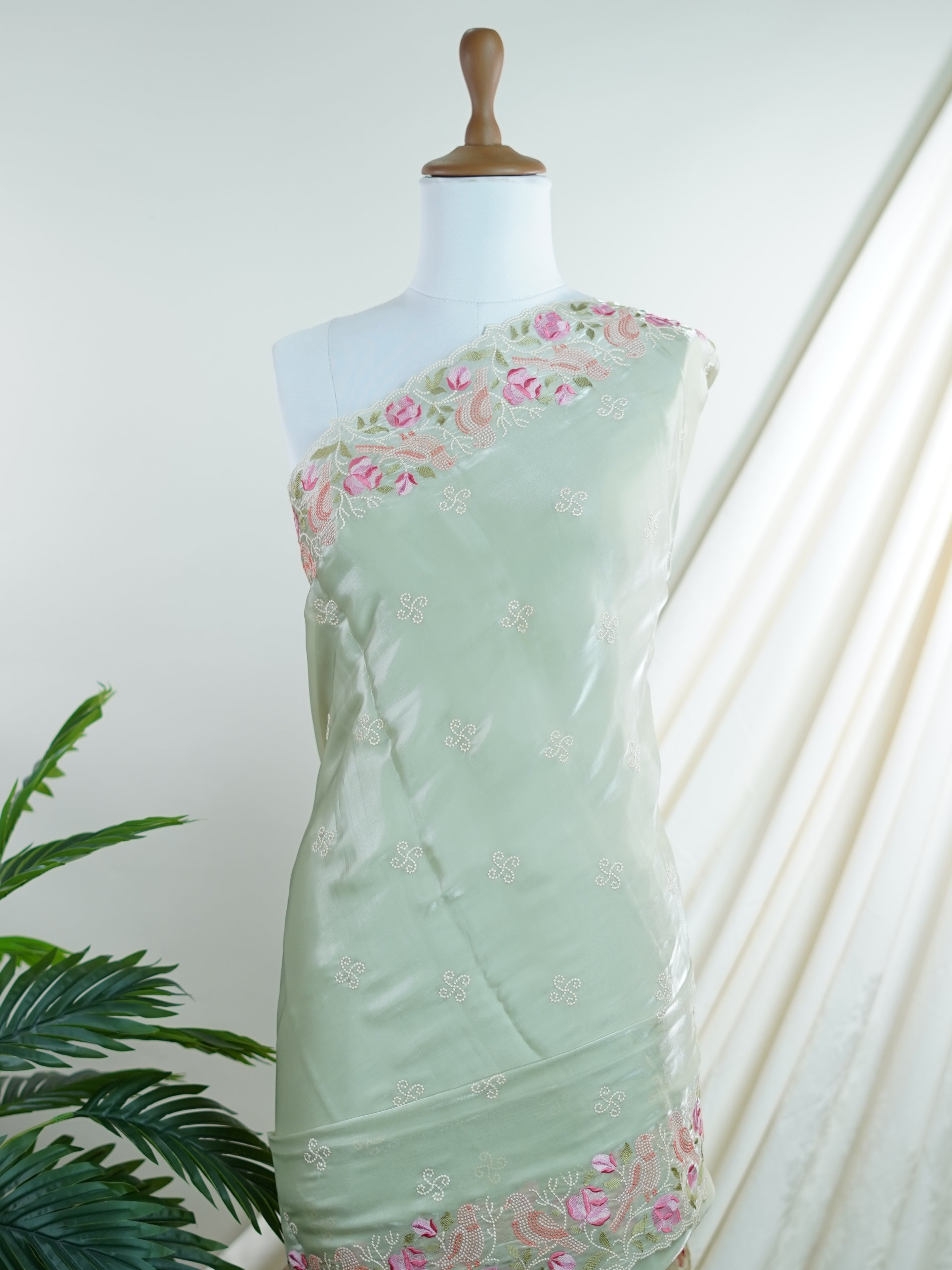 Katan Pista Green 100% Pure Tissue - Manoranjitham Weaves - Handloom Store