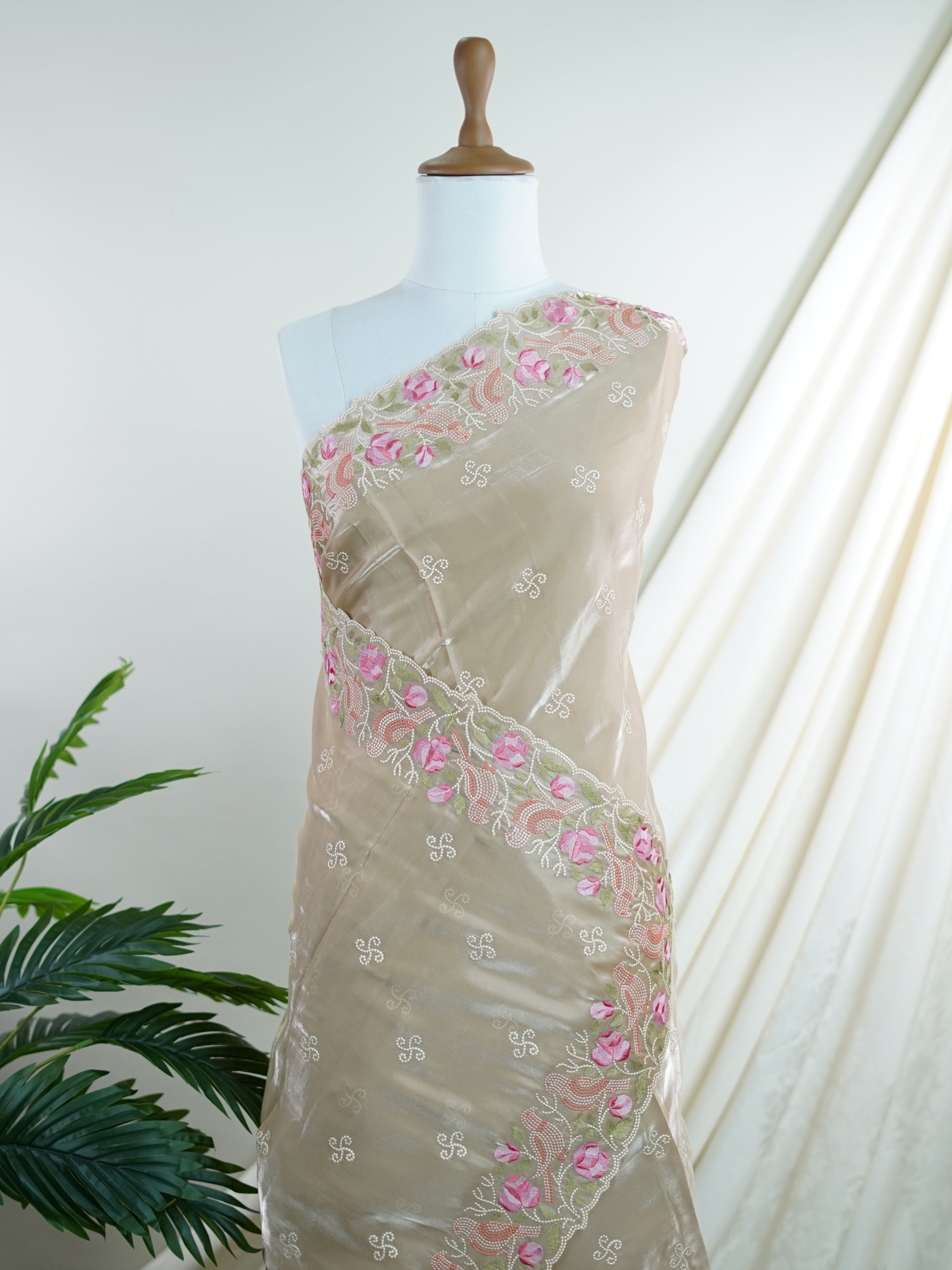 Katan Beige 100% Pure Tissue - Manoranjitham Weaves - Handloom Store