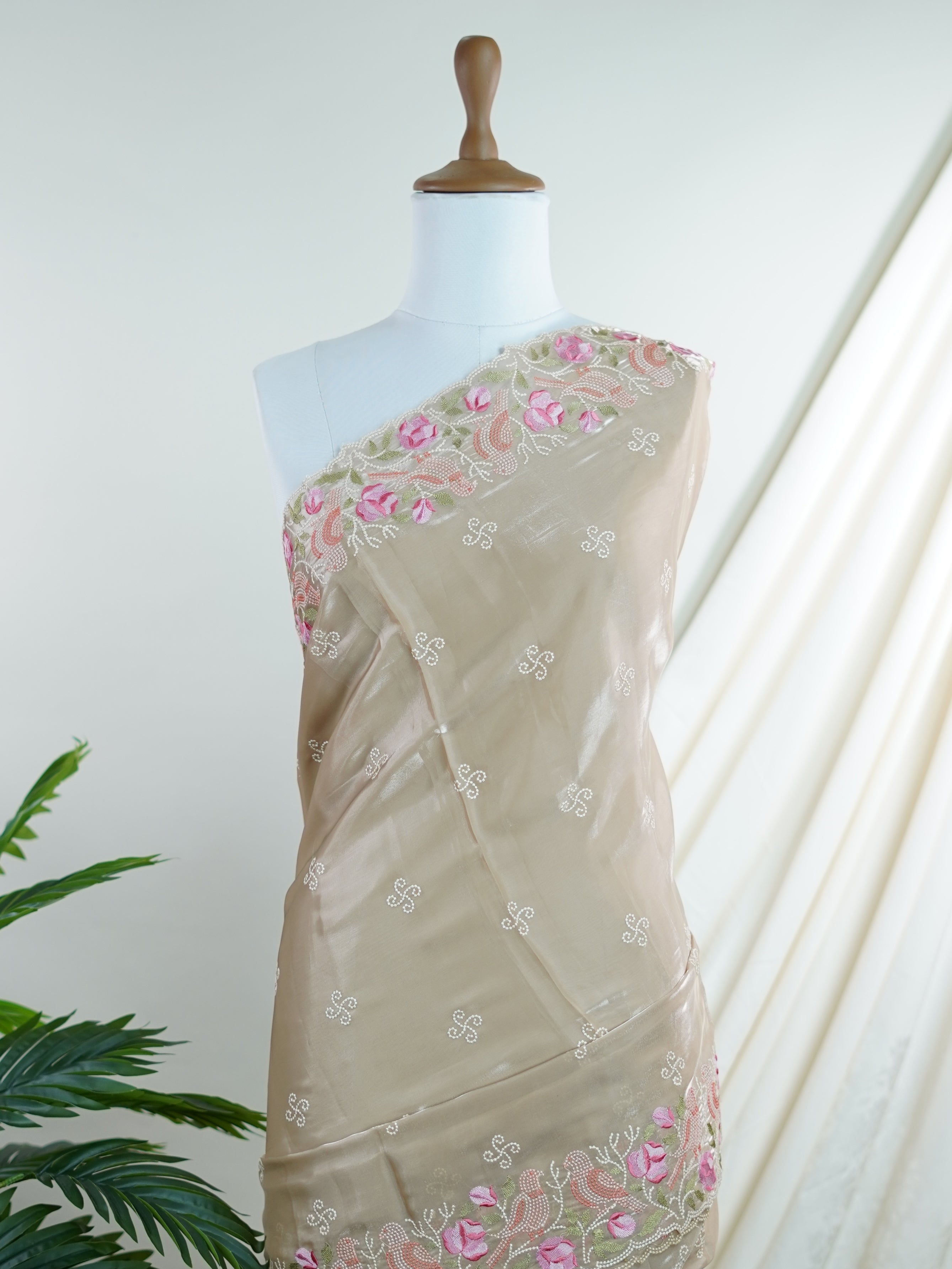 Katan Beige 100% Pure Tissue - Manoranjitham Weaves - Handloom Store