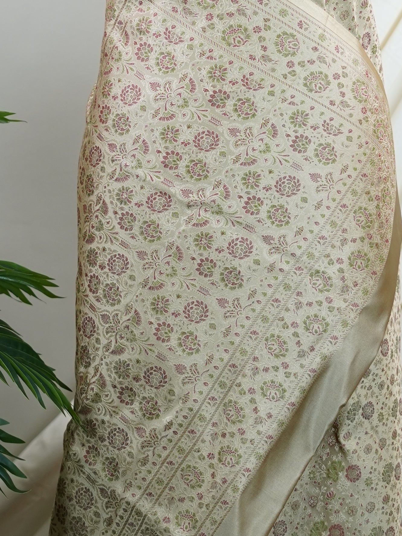 Katan Beige Semi Mushru - Manoranjitham Weaves - Handloom Store