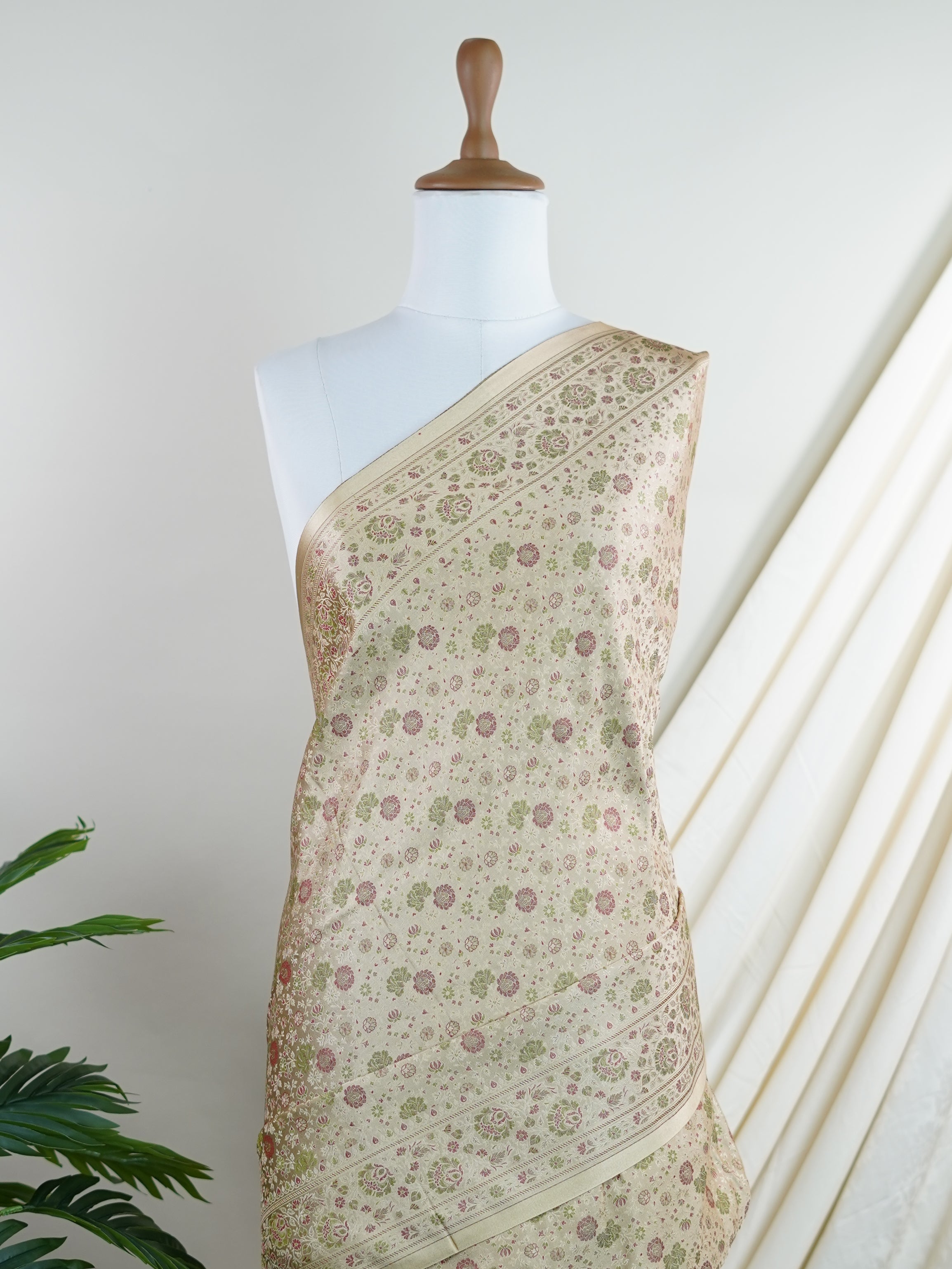 Katan Beige Semi Mushru - Manoranjitham Weaves - Handloom Store