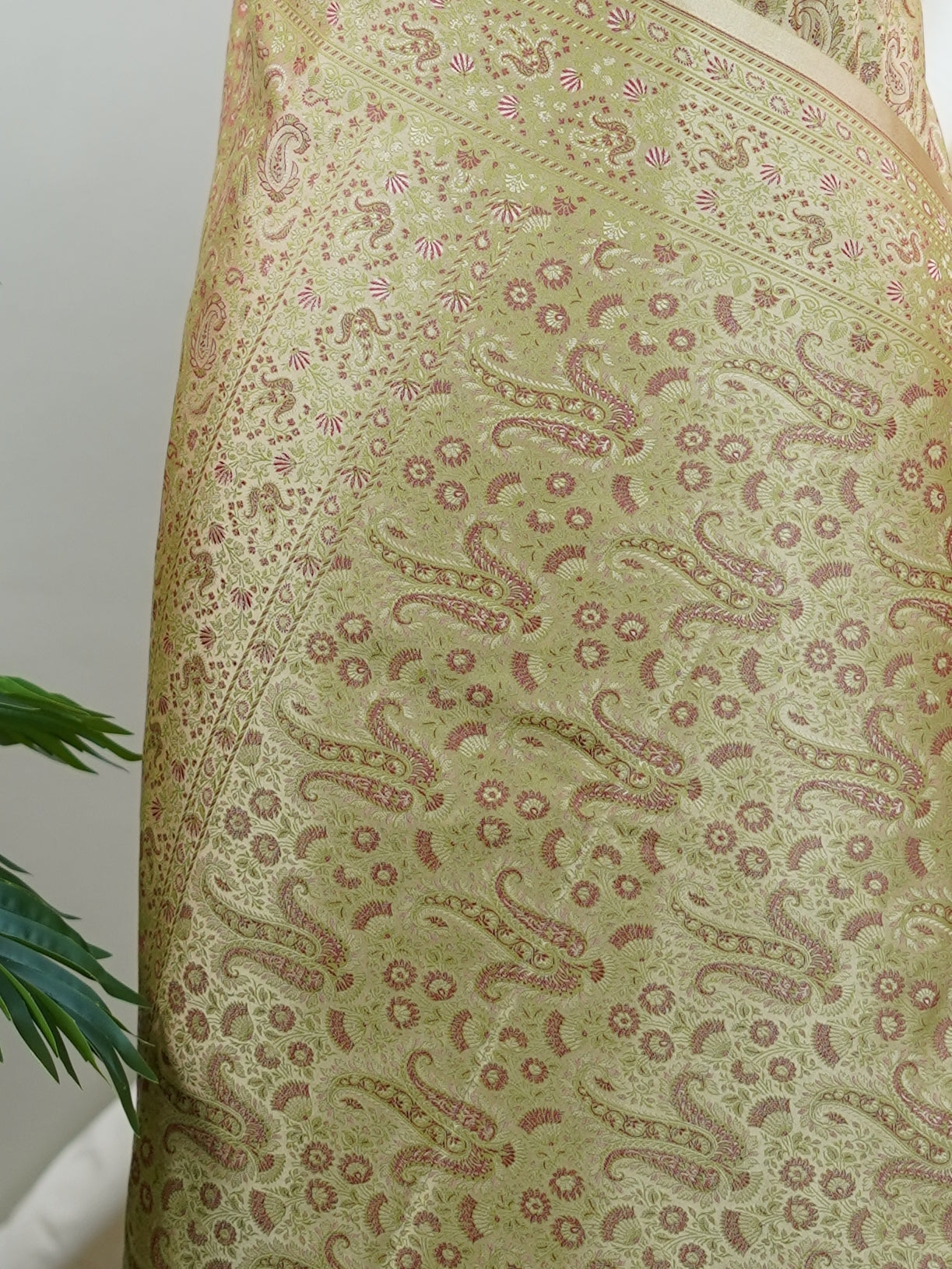 Katan Beige Semi Mushru - Manoranjitham Weaves - Handloom Store