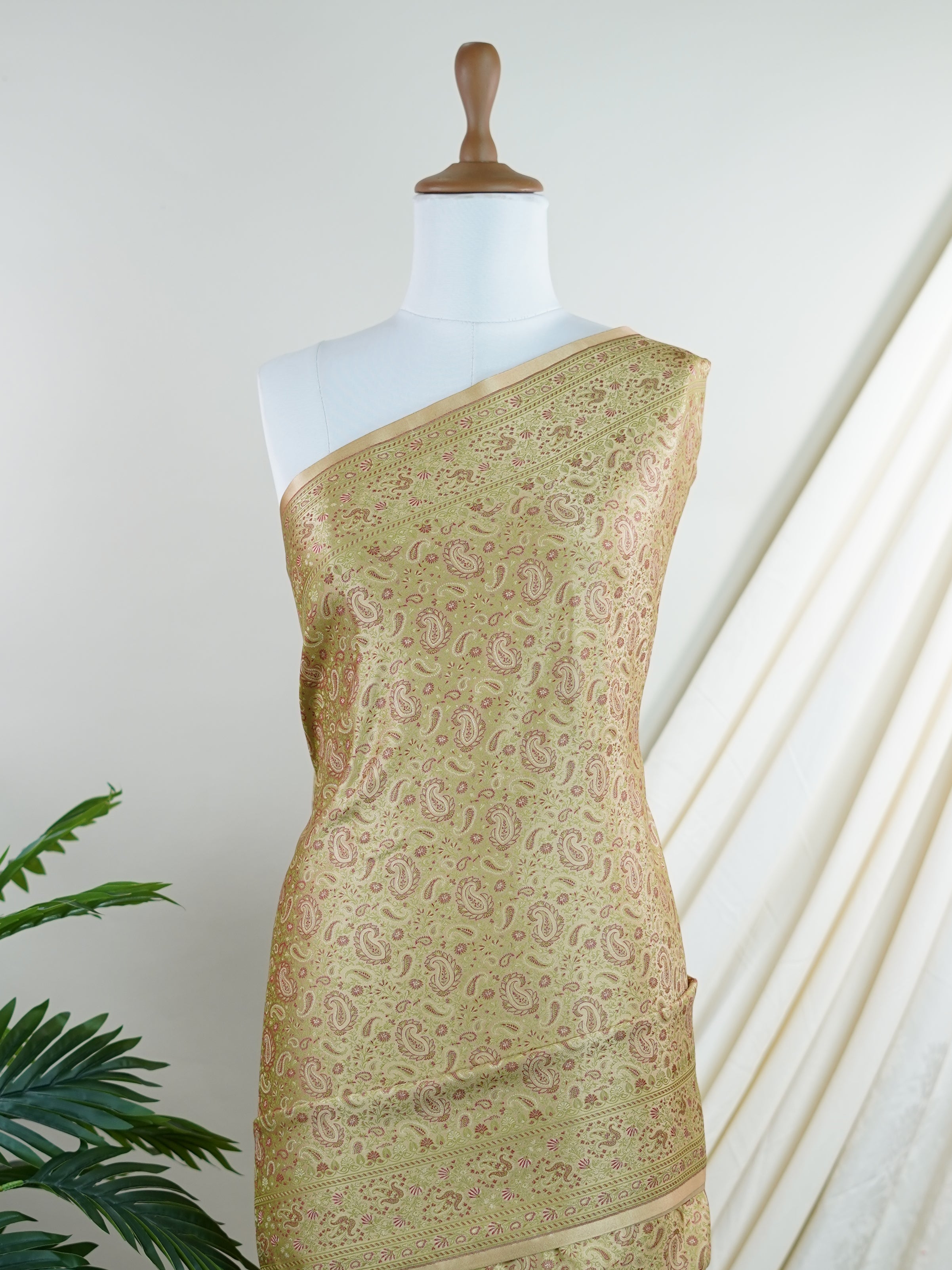 Katan Beige Semi Mushru - Manoranjitham Weaves - Handloom Store