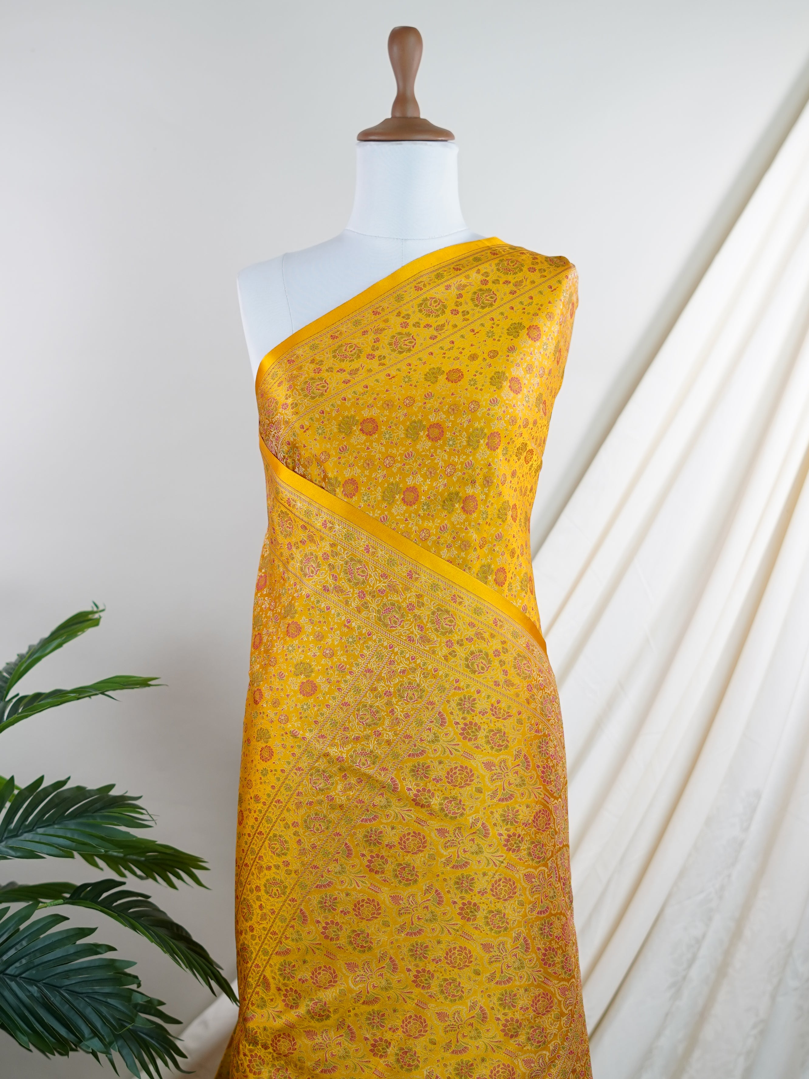 Katan Yellow Semi Mushru - Manoranjitham Weaves - Handloom Store