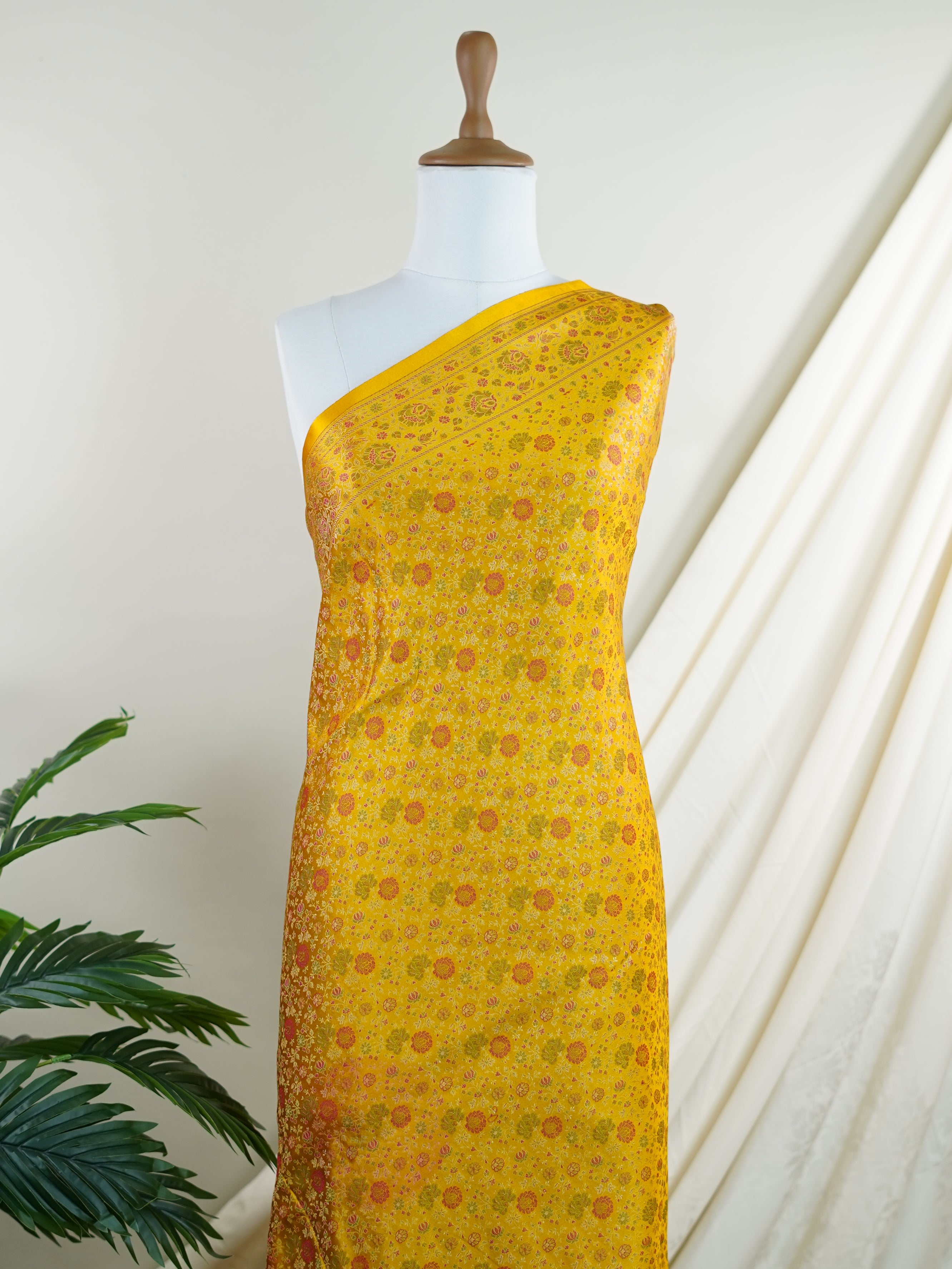 Katan Yellow Semi Mushru - Manoranjitham Weaves - Handloom Store