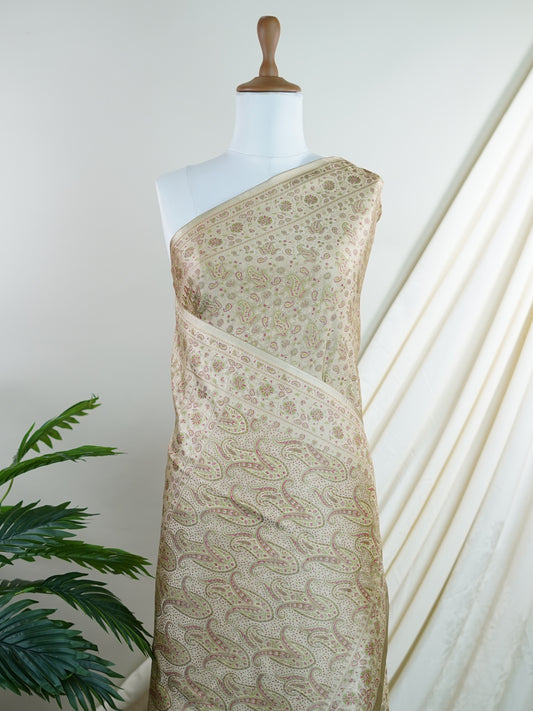 Katan Beige Semi Mushru - Manoranjitham Weaves - Handloom Store