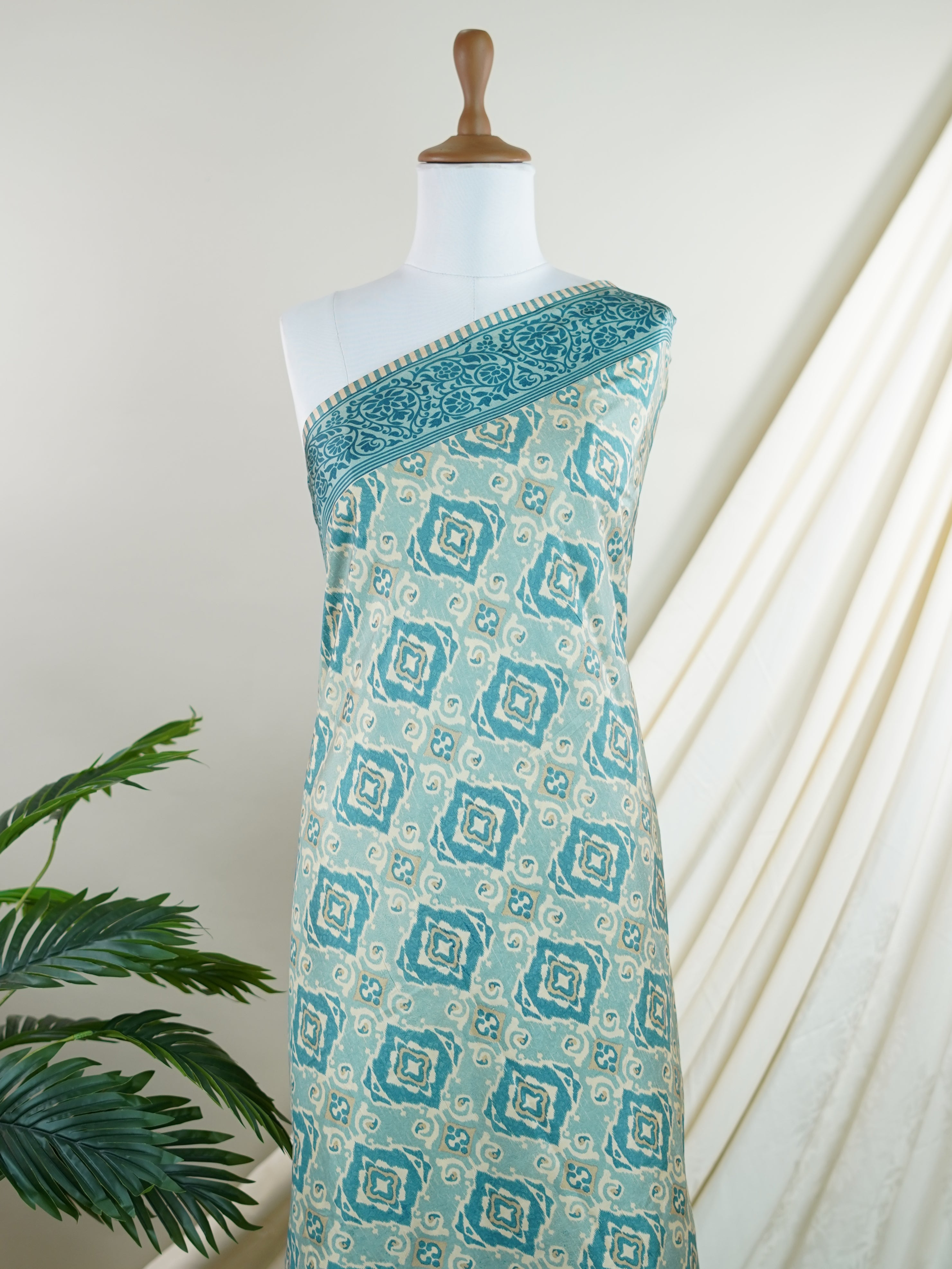 Satin Sea Blue Semi Mushru - Manoranjitham Weaves - Handloom Store