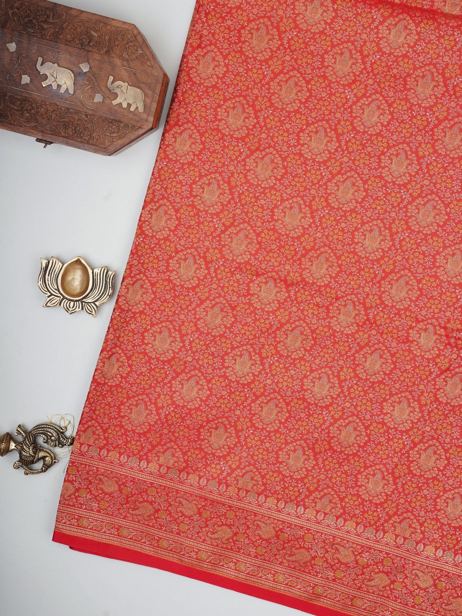 Katan Red Semi Mushru - Manoranjitham Weaves - Handloom Store