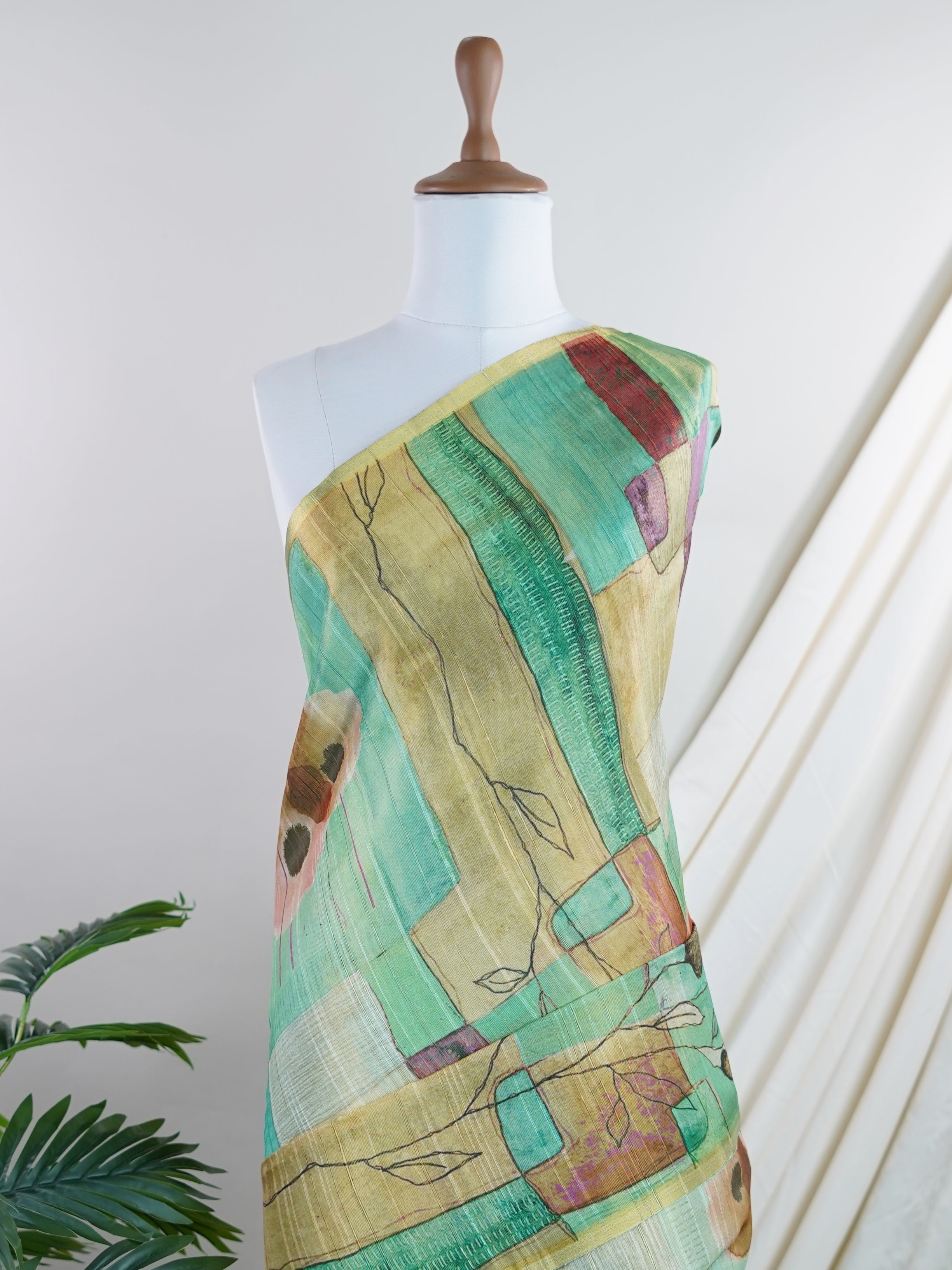 Tissue Green Semi Linen Tissue - Manoranjitham Weaves - Handloom Store