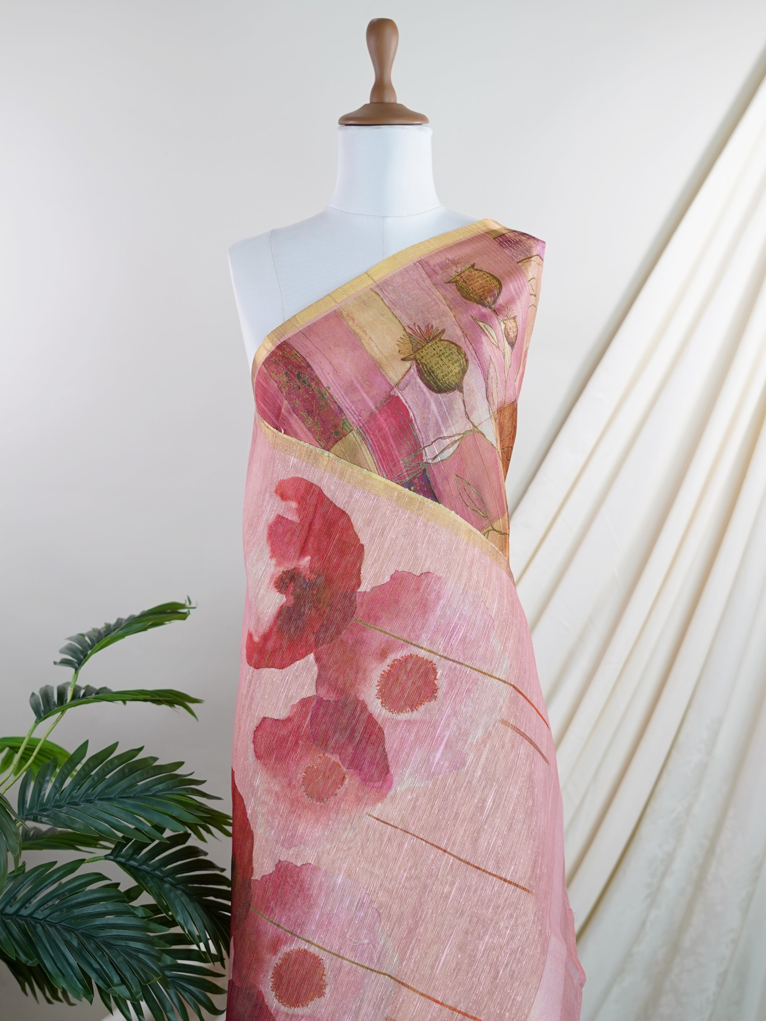 Tissue Pink Semi Linen Tissue - Manoranjitham Weaves - Handloom Store