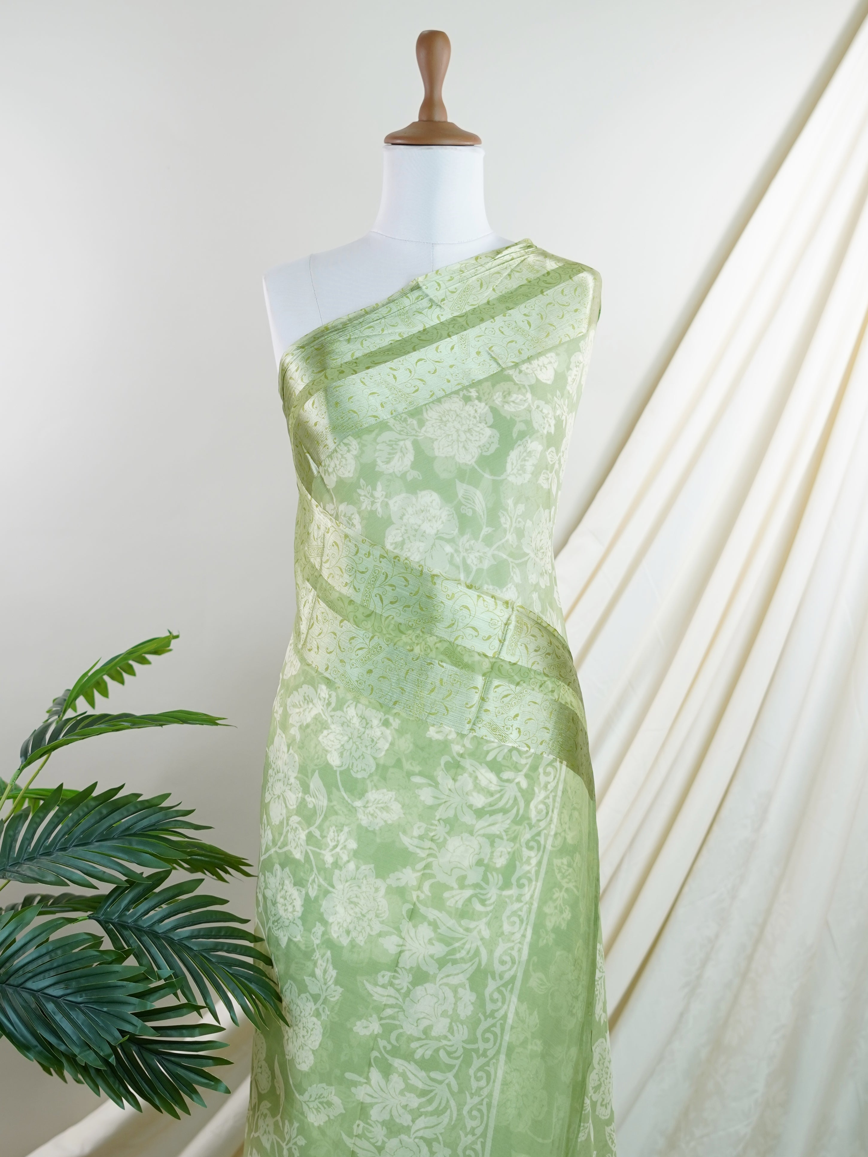 Satin Pista Green Chiffon - Manoranjitham Weaves - Handloom Store