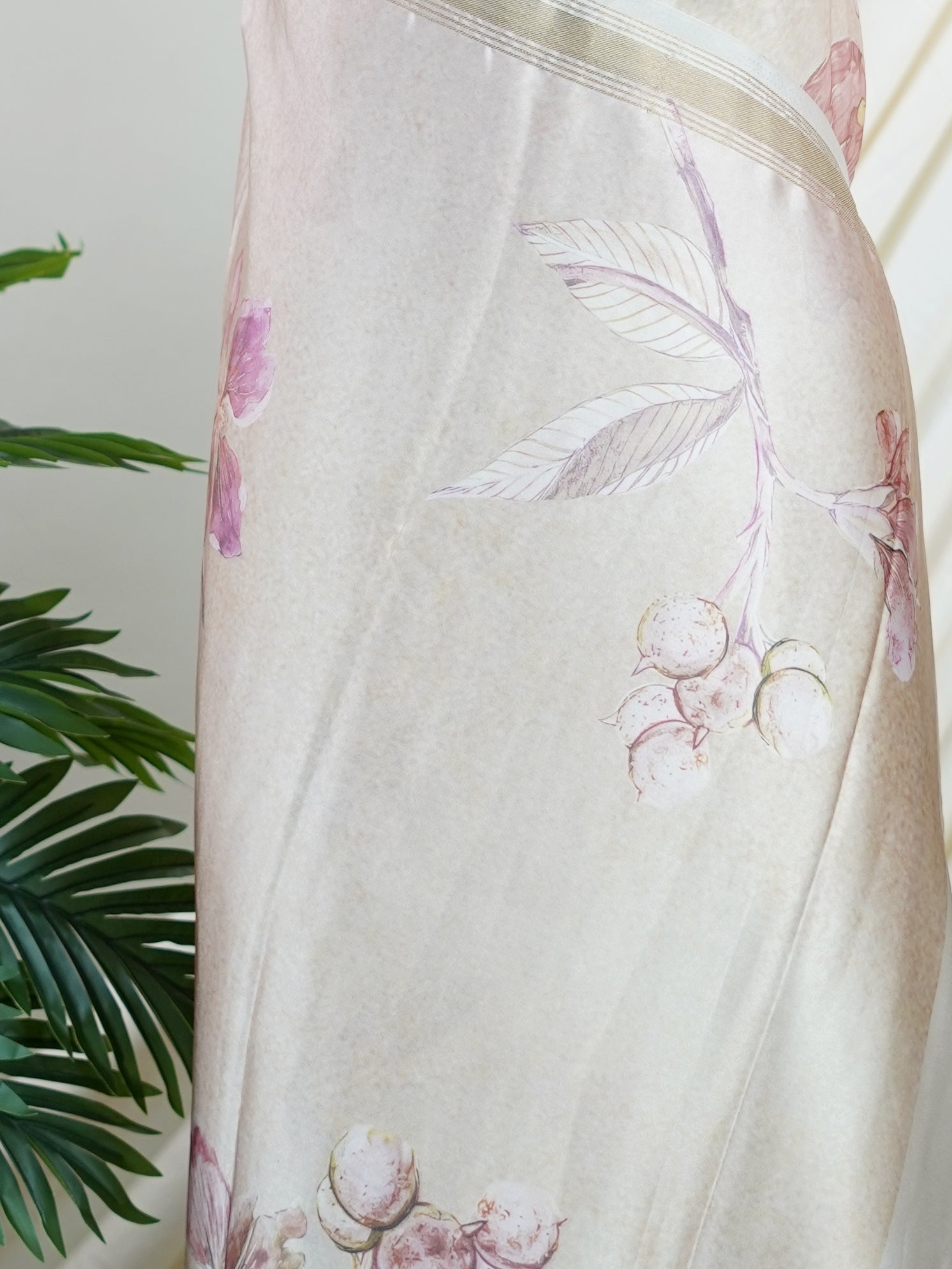 Mushru Beige Semi Mushru - Manoranjitham Weaves - Handloom Store