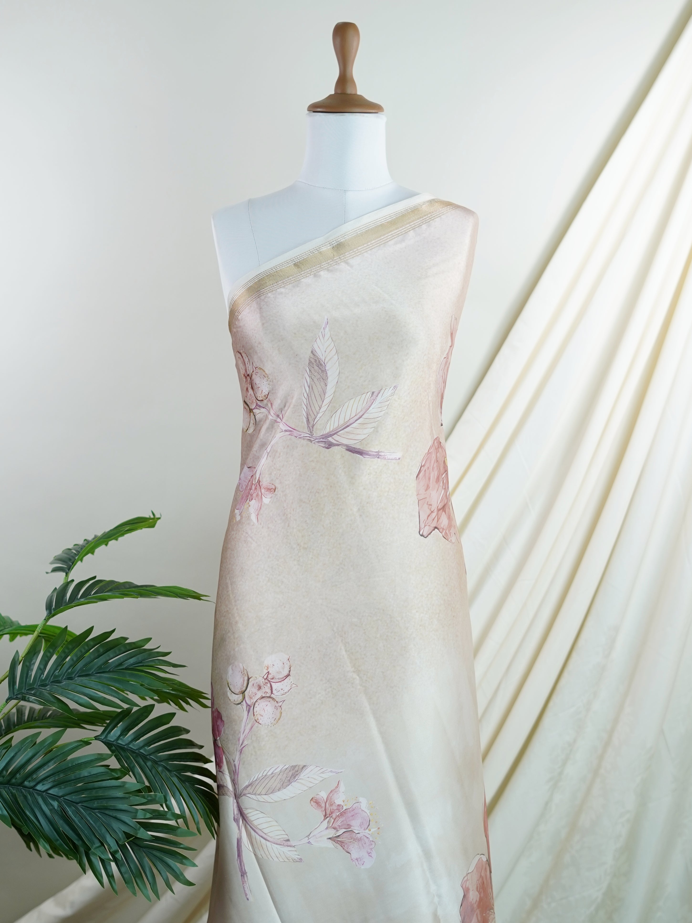 Mushru Beige Semi Mushru - Manoranjitham Weaves - Handloom Store