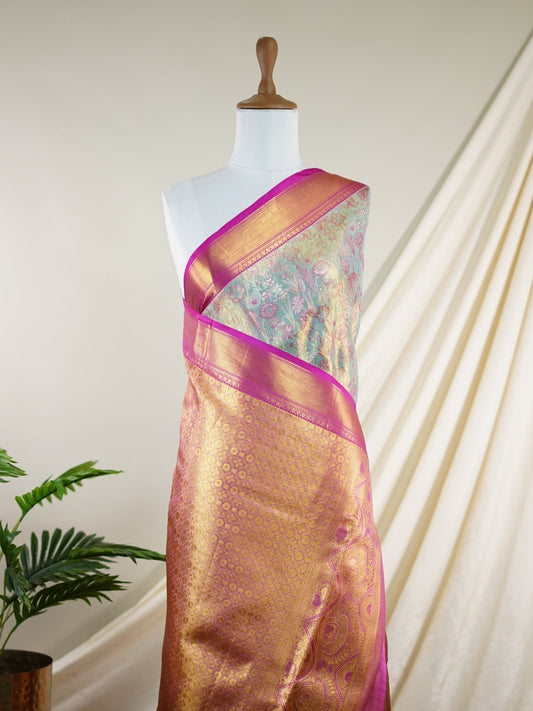 Kanchipuram Silk Olive Green 100% Pure Silk - Manoranjitham Weaves - Handloom Store