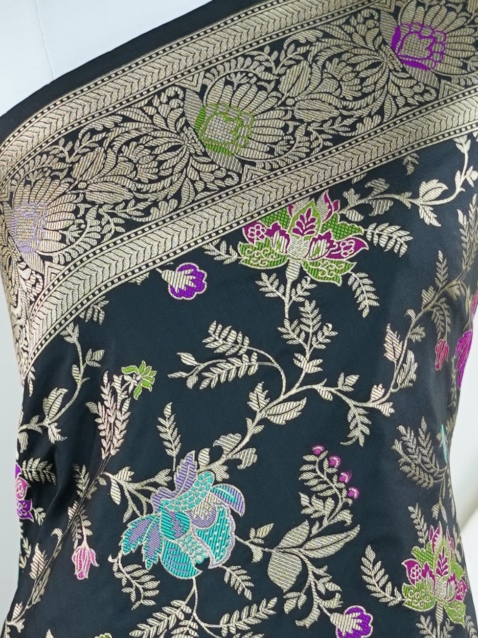 Katan Black Katan Semi Silk - Manoranjitham Weaves - Handloom Store