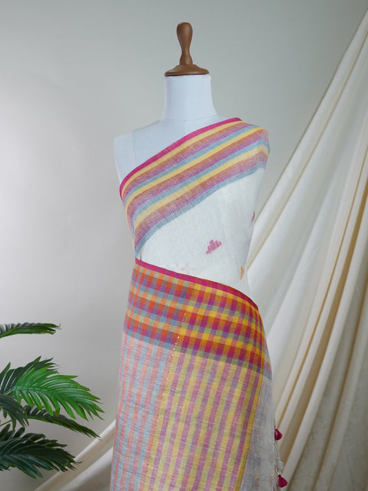 Linen White 100% Pure Linen - Manoranjitham Weaves - Handloom Store