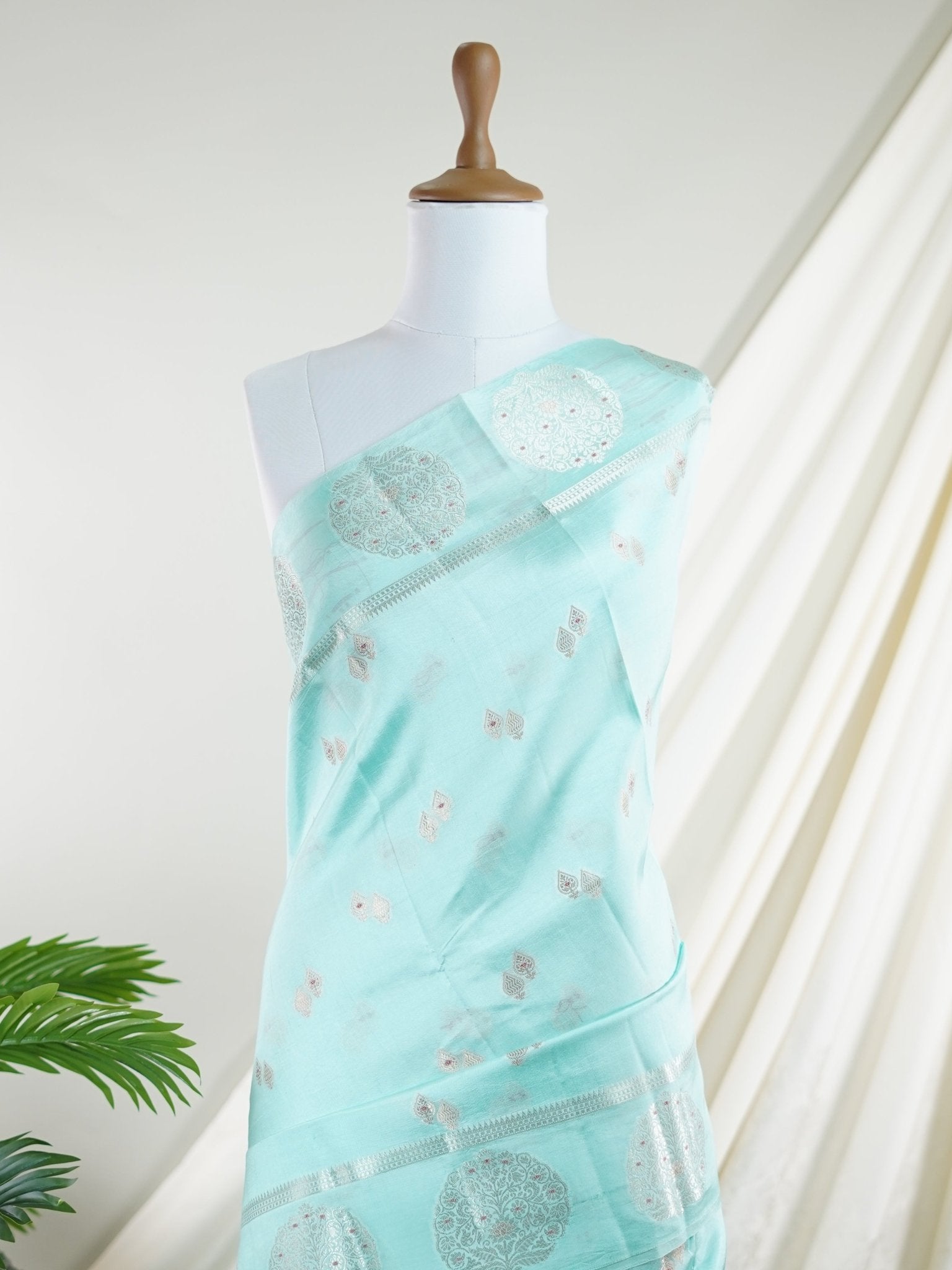 Katan Ice Blue 100% Pure Katan Soft Silk - Manoranjitham Weaves - Handloom Store