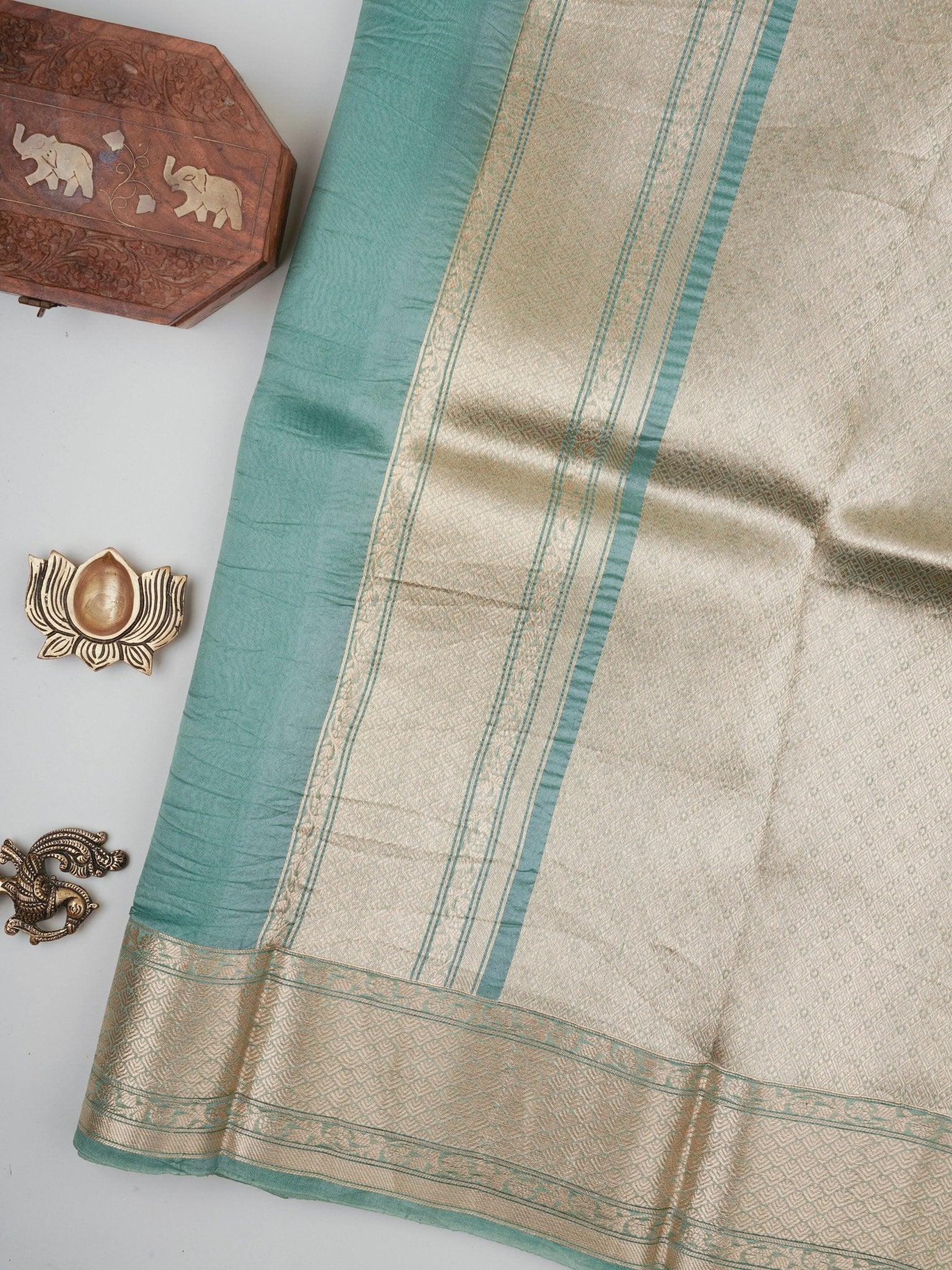 Raw Mango Teal 100% Pure Katan Silk - Manoranjitham Weaves - Handloom Store