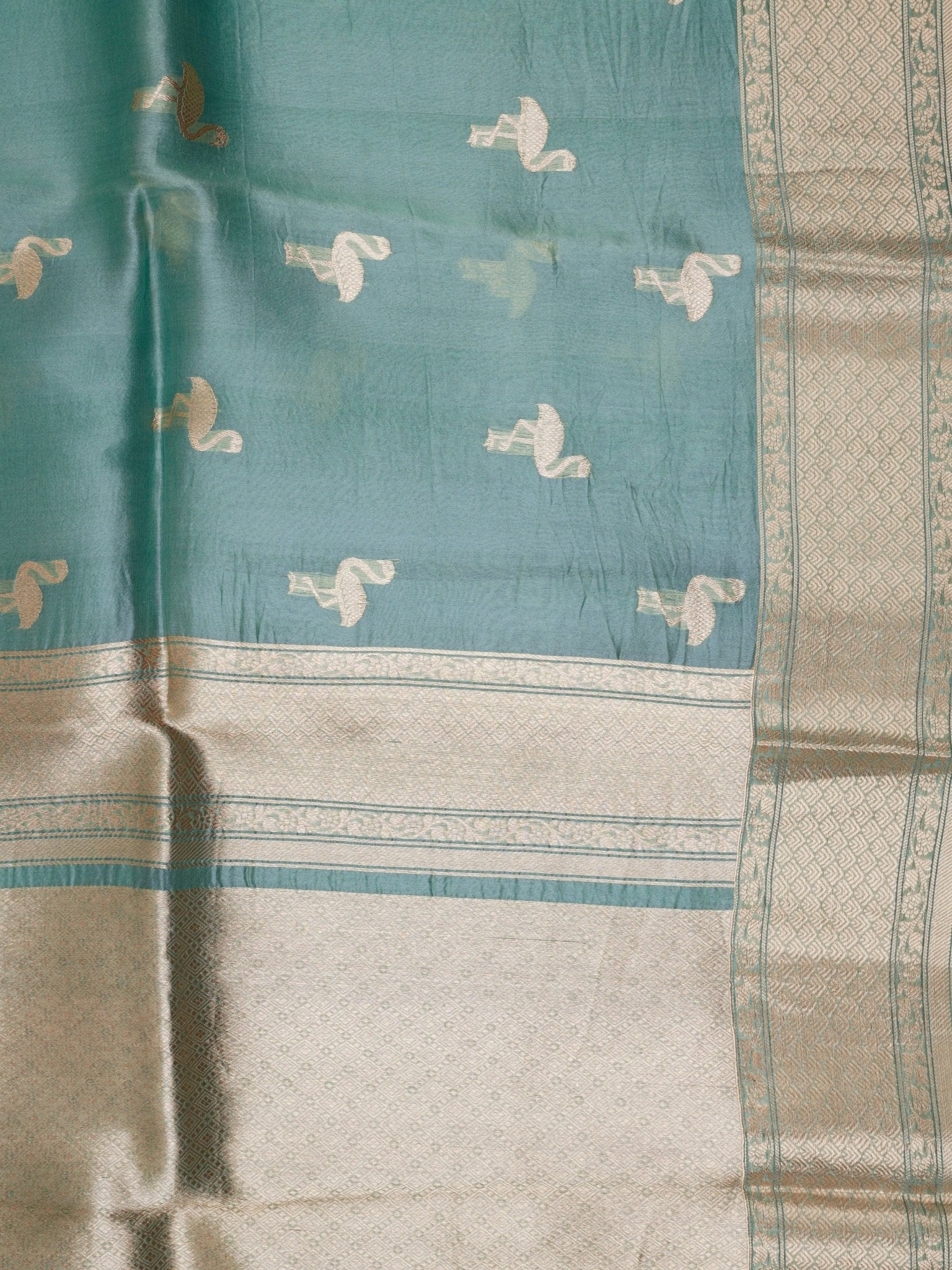 Raw Mango Teal 100% Pure Katan Silk - Manoranjitham Weaves - Handloom Store