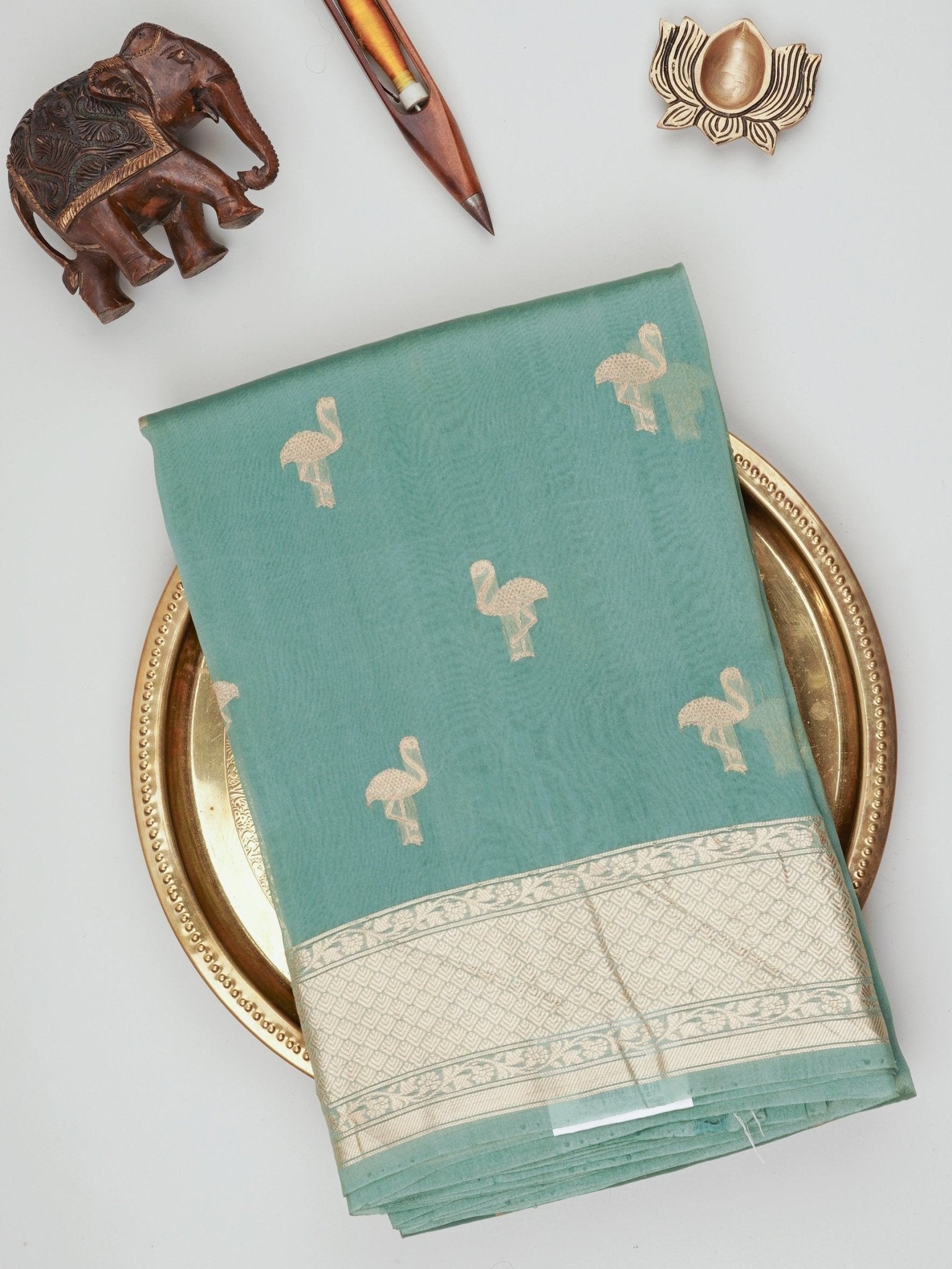 Raw Mango Teal 100% Pure Katan Silk - Manoranjitham Weaves - Handloom Store