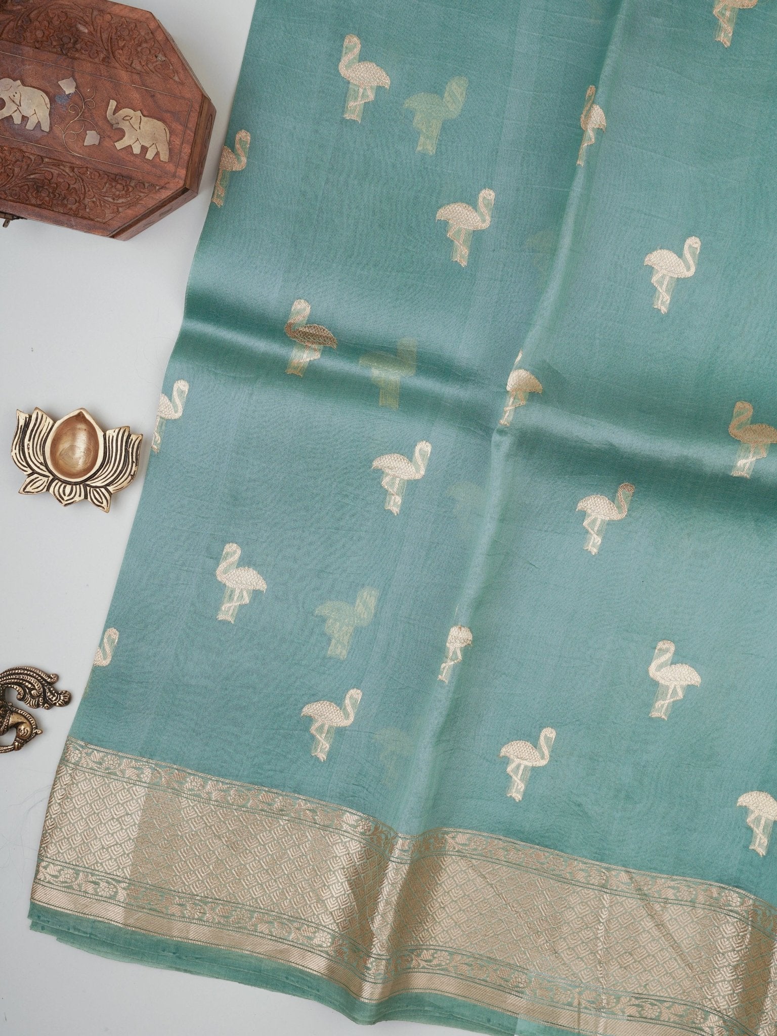 Raw Mango Teal 100% Pure Katan Silk - Manoranjitham Weaves - Handloom Store