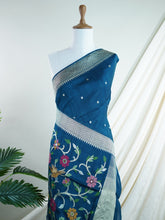 Georgette Peacock Blue Tussar Georgette - Manoranjitham Weaves - Handloom Store