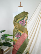 Tussars Army Green 100% Pure Tussar - Manoranjitham Weaves - Handloom Store