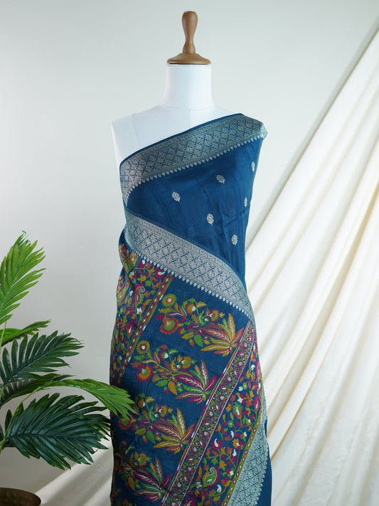 Georgette Blue Tussar Georgette - Manoranjitham Weaves - Handloom Store