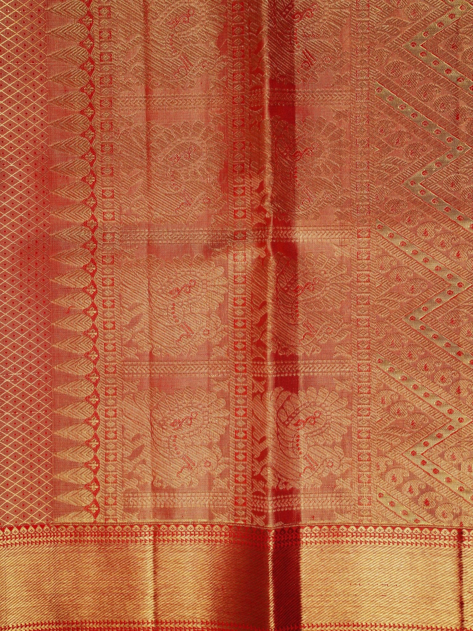 Kanchipuram Silk Peach Red 100% Pure Silk - Manoranjitham Weaves - Handloom Store